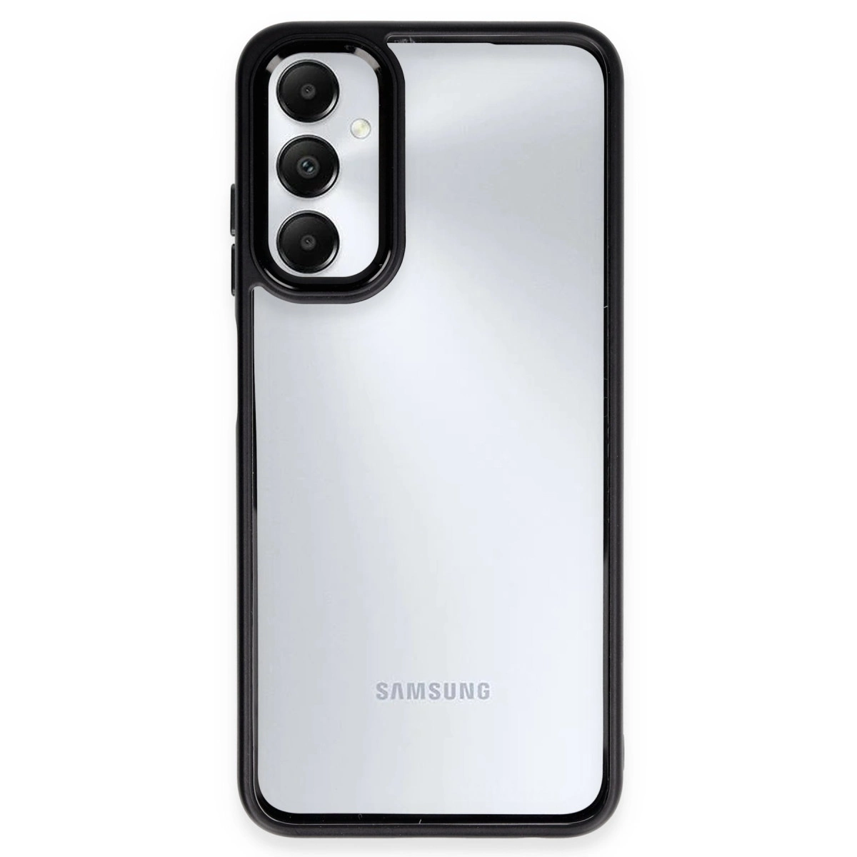 Siyah çerçeveli ve kamera dizilimli şeffaf Samsung telefonun arkası.