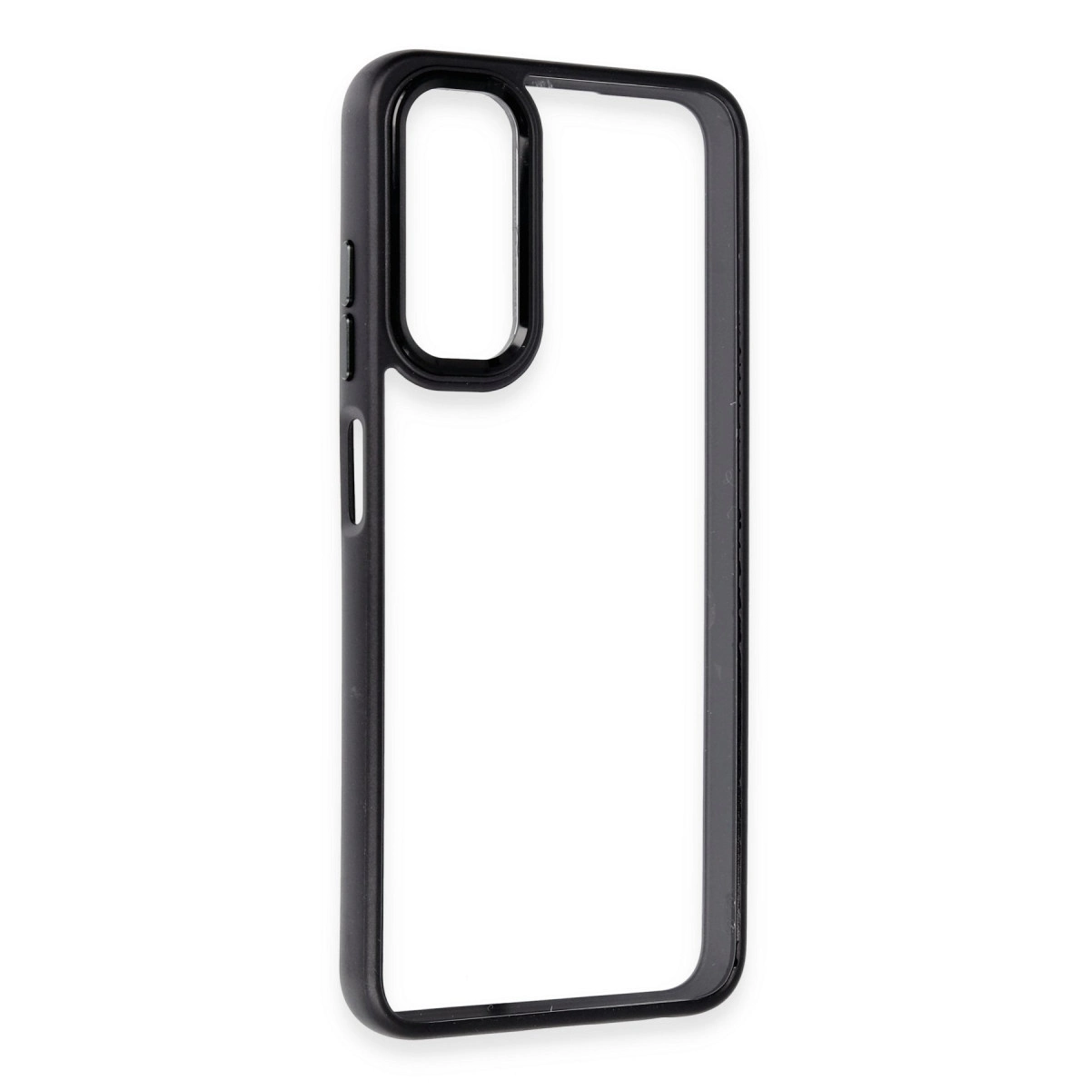 Beyaz arka plan üzerinde kamera ve düğme kesikleri olan siyah telefon kılıfı.