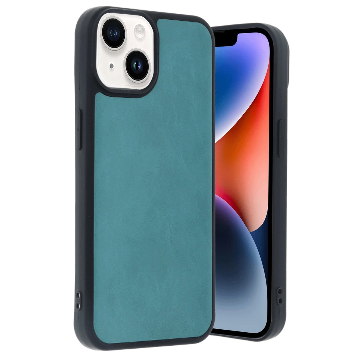 Beyaz arka plan üzerinde siyah çerçeveli ve kamera alanlı teal iPhone kılıfı.