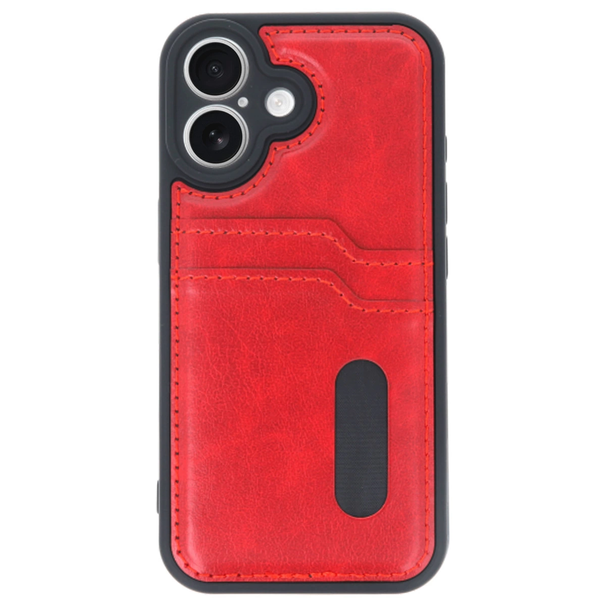 Kart yuvalı ve siyah çerçeveli kırmızı telefon kılıfı.