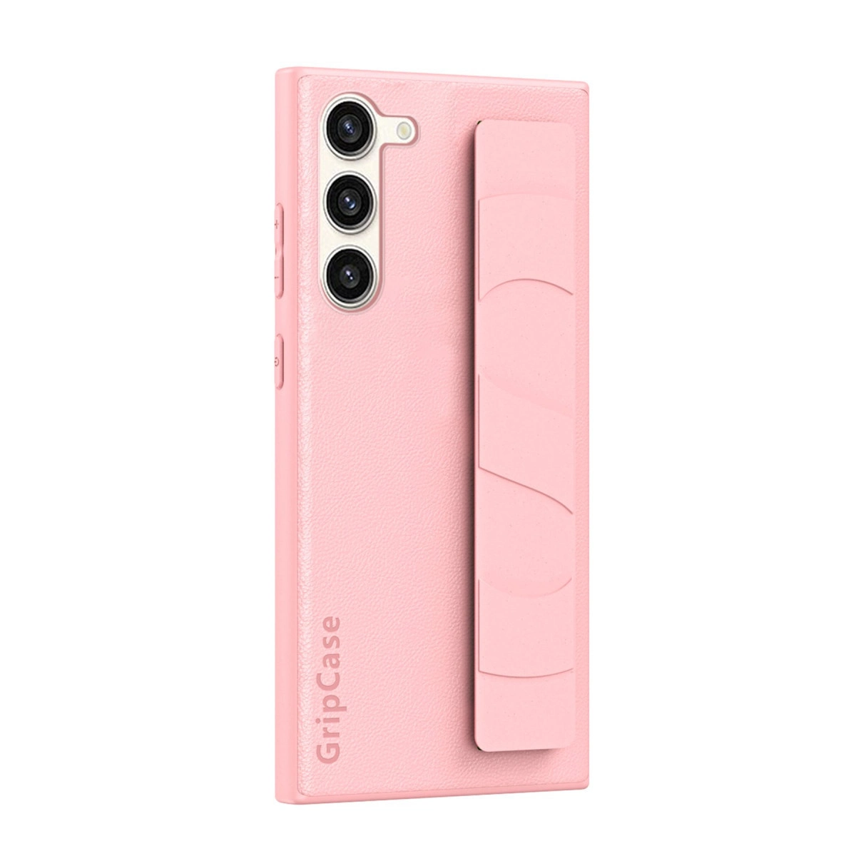 Üç kameralı ve tutma şeritli pembe telefon kılıfı.