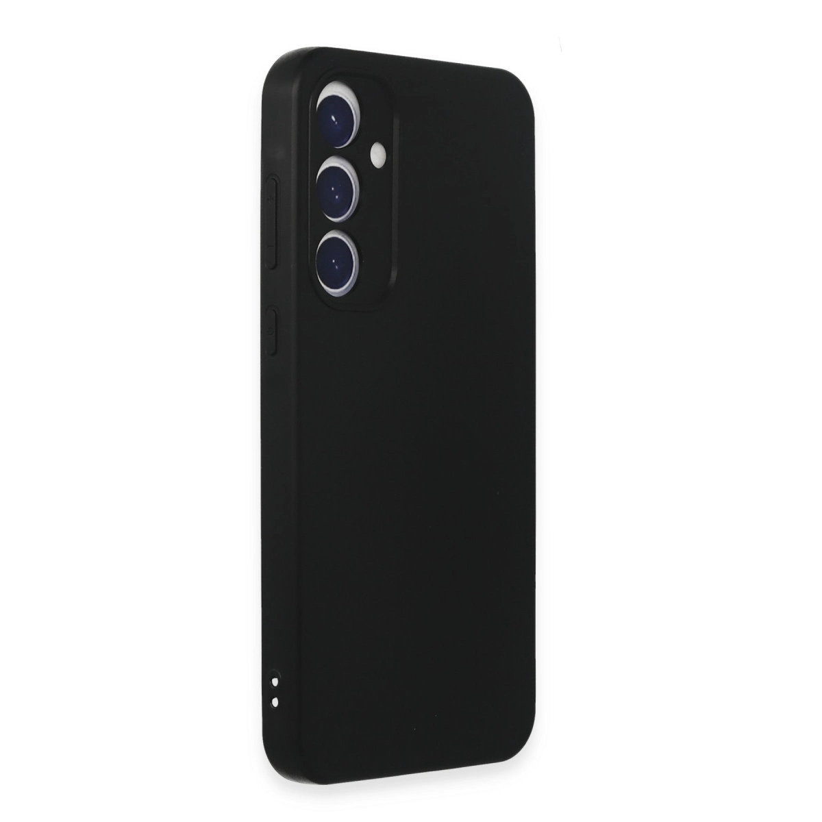 Üç kamera lensi ve yan düğmeleri olan siyah telefon kılıfı.