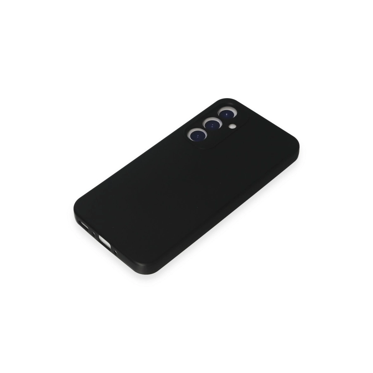 Beyaz arka plan üzerinde üç kamera lensli siyah telefon kılıfı.