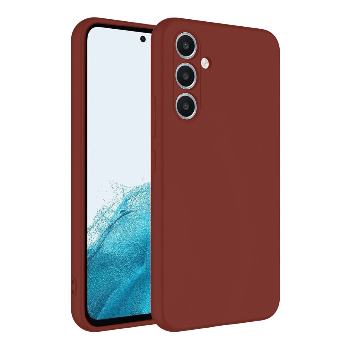 Kırmızı bir telefon, arkasında üç kamera, kılıf içinde.