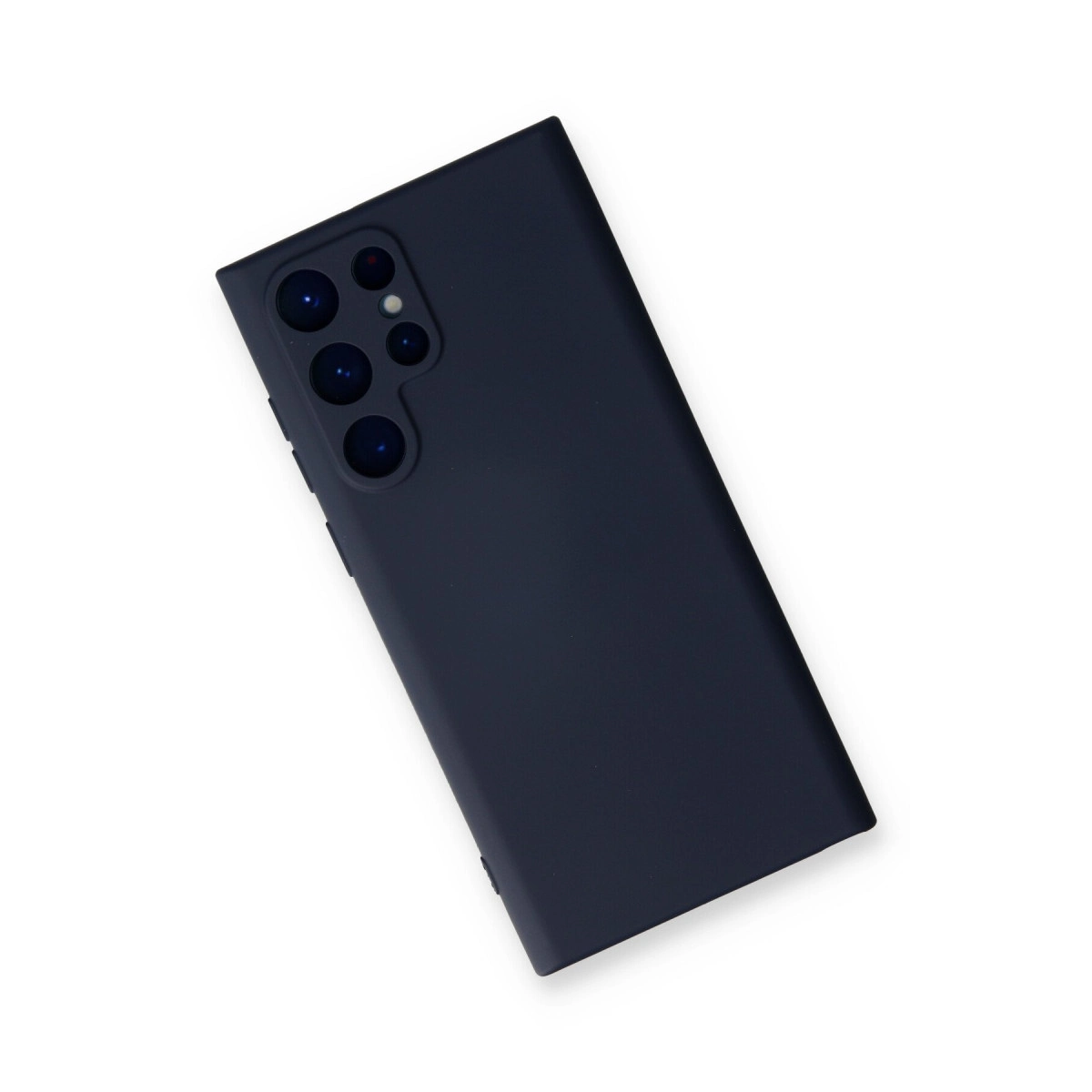 Beyaz arka plan üzerinde kamera modülüne sahip lacivert telefon.