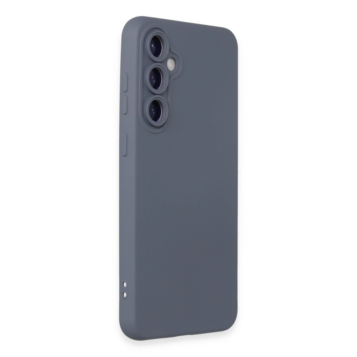 Üç kamera lensli ve yan düğmeli gri telefon kılıfı.