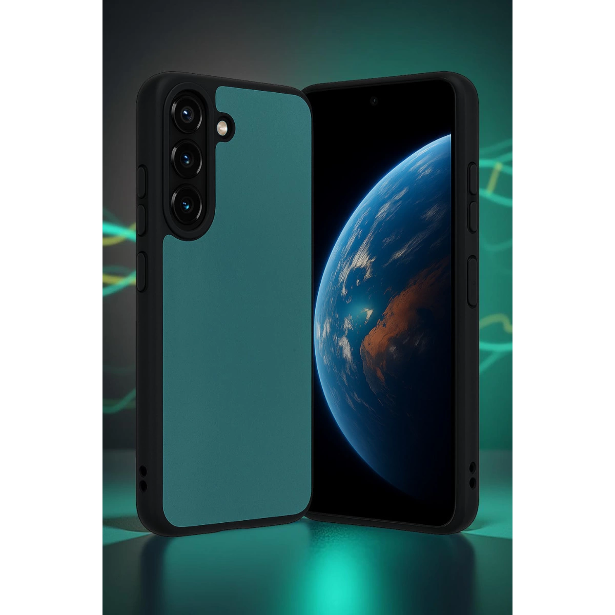 Mavi bir gezegen gösteren, siyah çerçeveli turkuaz bir telefon.