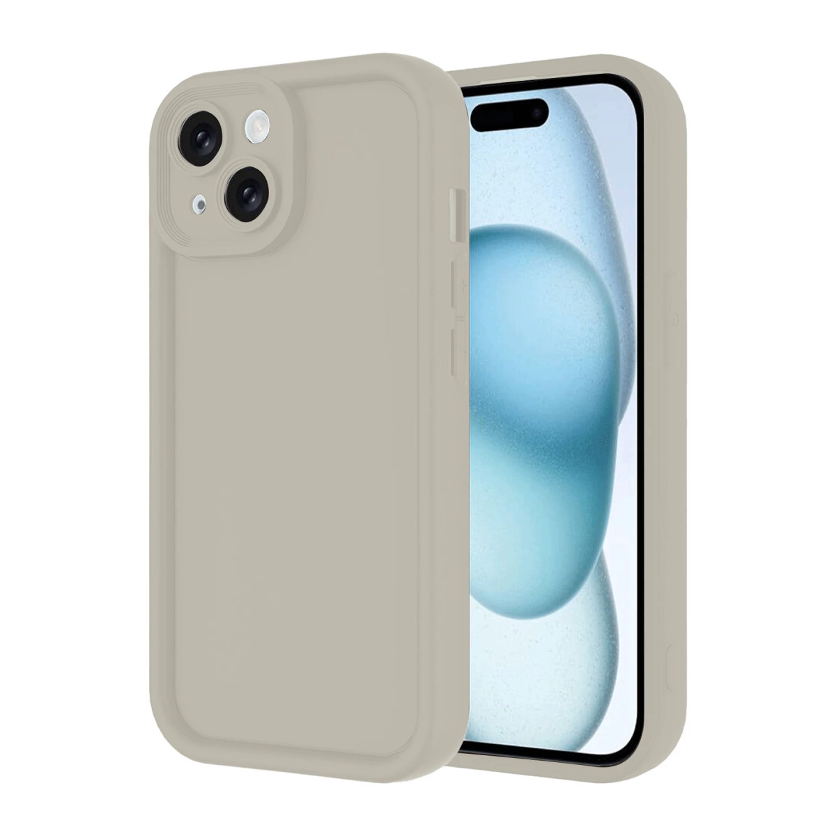 Açık gri telefon kılıfı, kameralı bir telefonu kısmen kapatıyor.