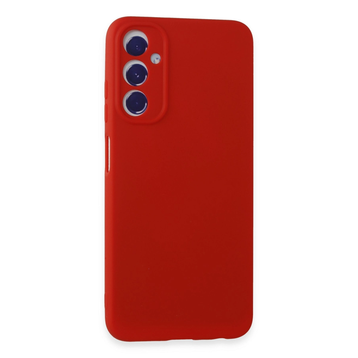 Mavi halkalı üç kamera lensli kırmızı telefon kılıfı.