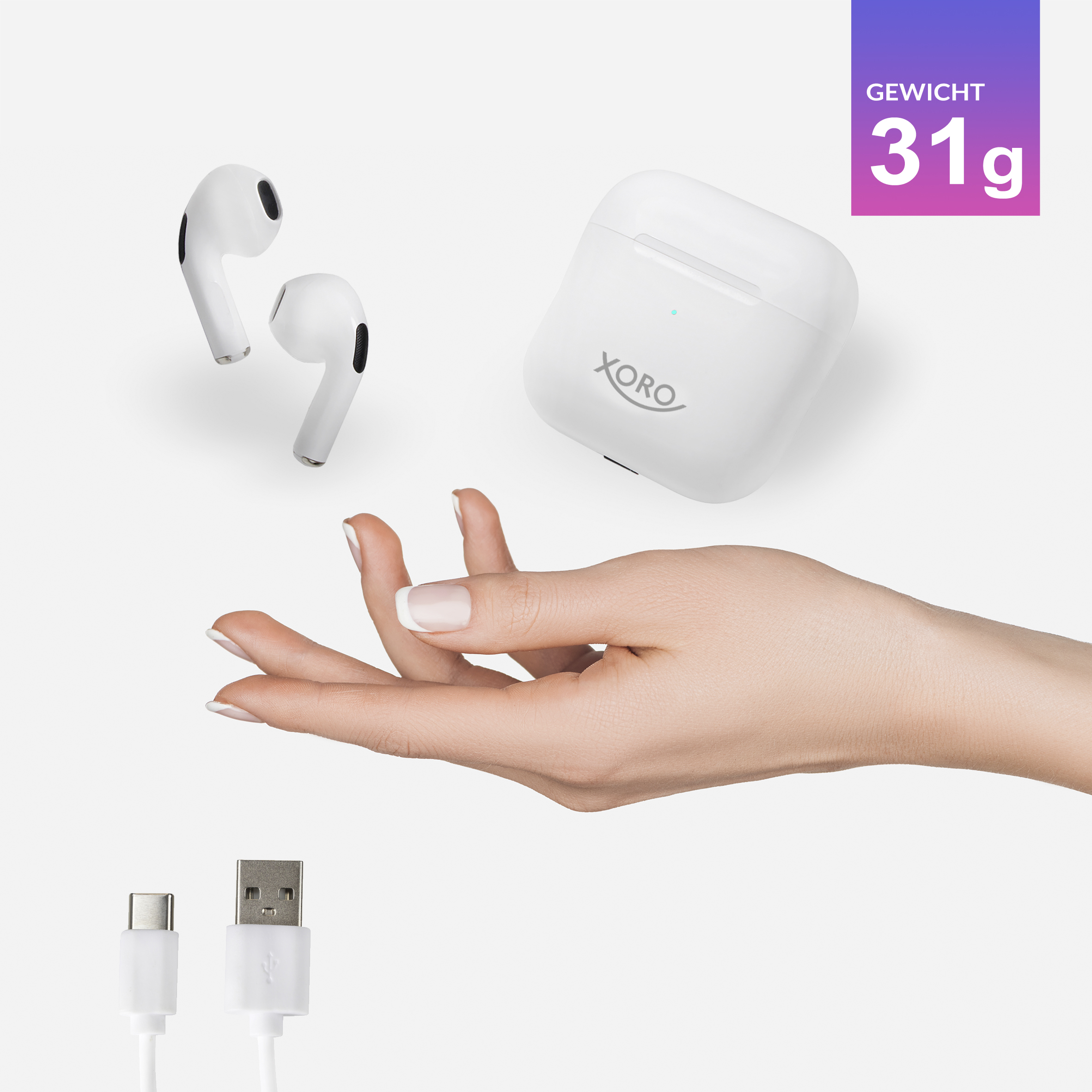 Białe słuchawki bezprzewodowe unoszą się nad dłonią z etui i kablami.