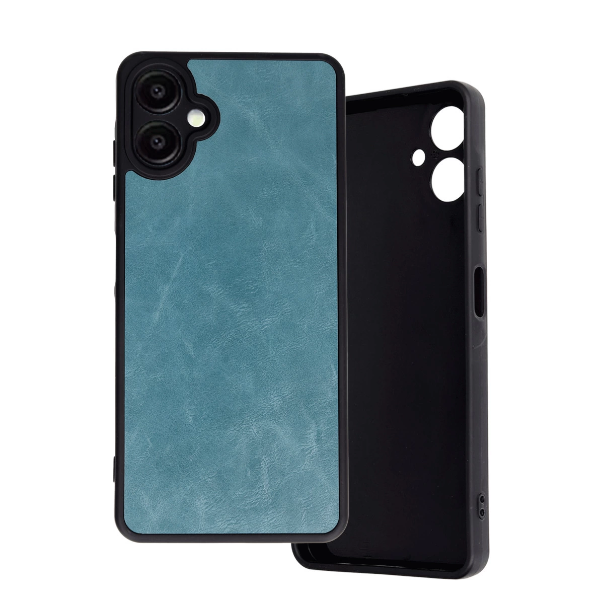 Kameralı kesikler ve siyah kılıf içeren turkuaz telefon kılıfı.