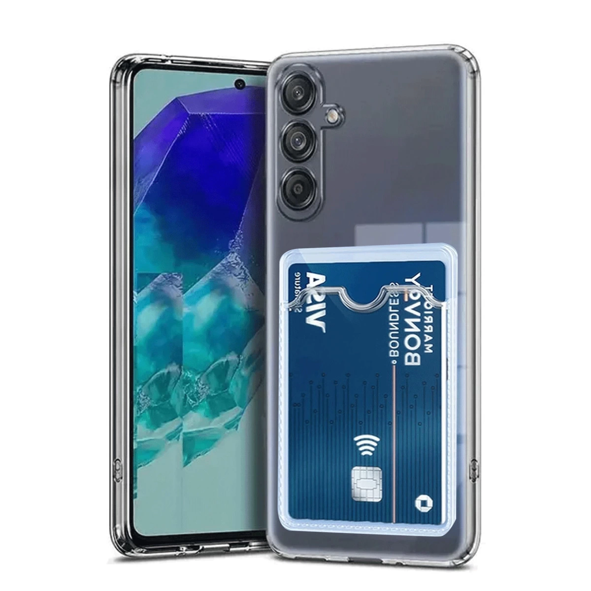 Mavi bir Visa kartı ve kart tutuculu şeffaf telefon kılıfı.
