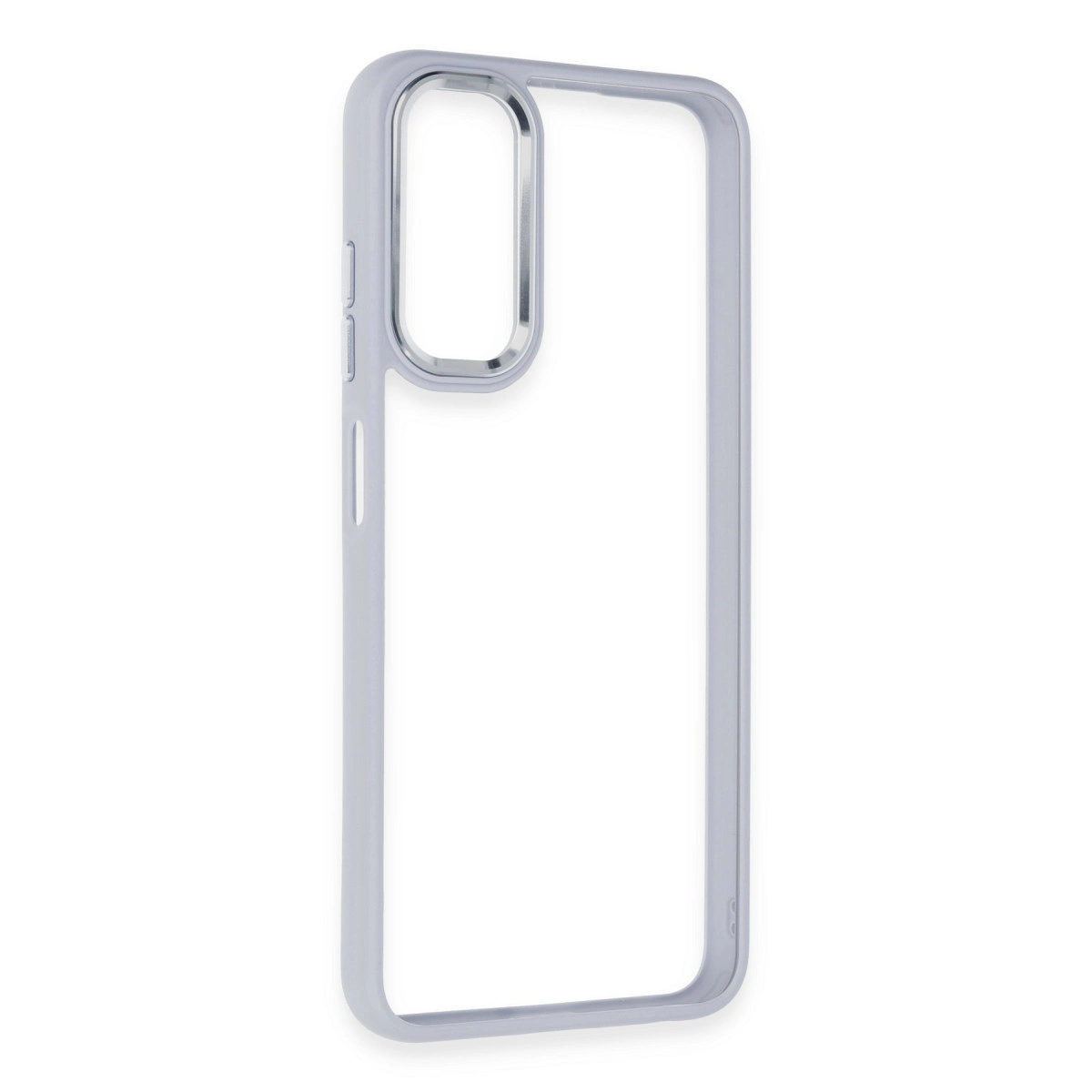 Gümüş kenarlı ve kamera kesimli şeffaf telefon kılıfı.