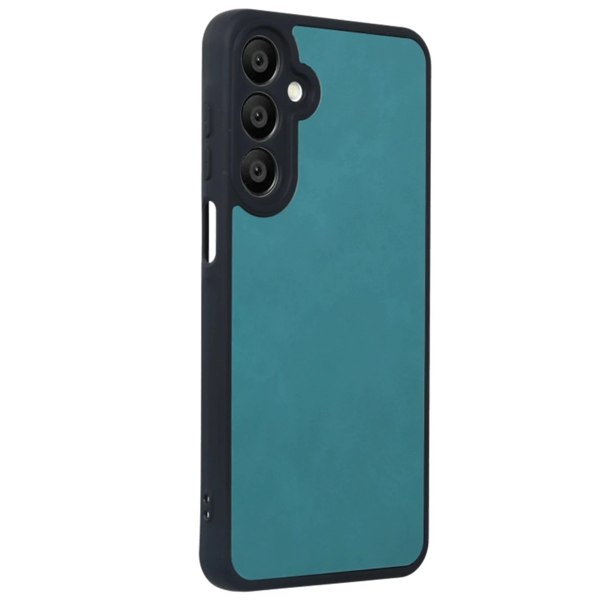 Mavi telefon kılıfı, turkuaz arka yüzü ve üç kamera lensi.