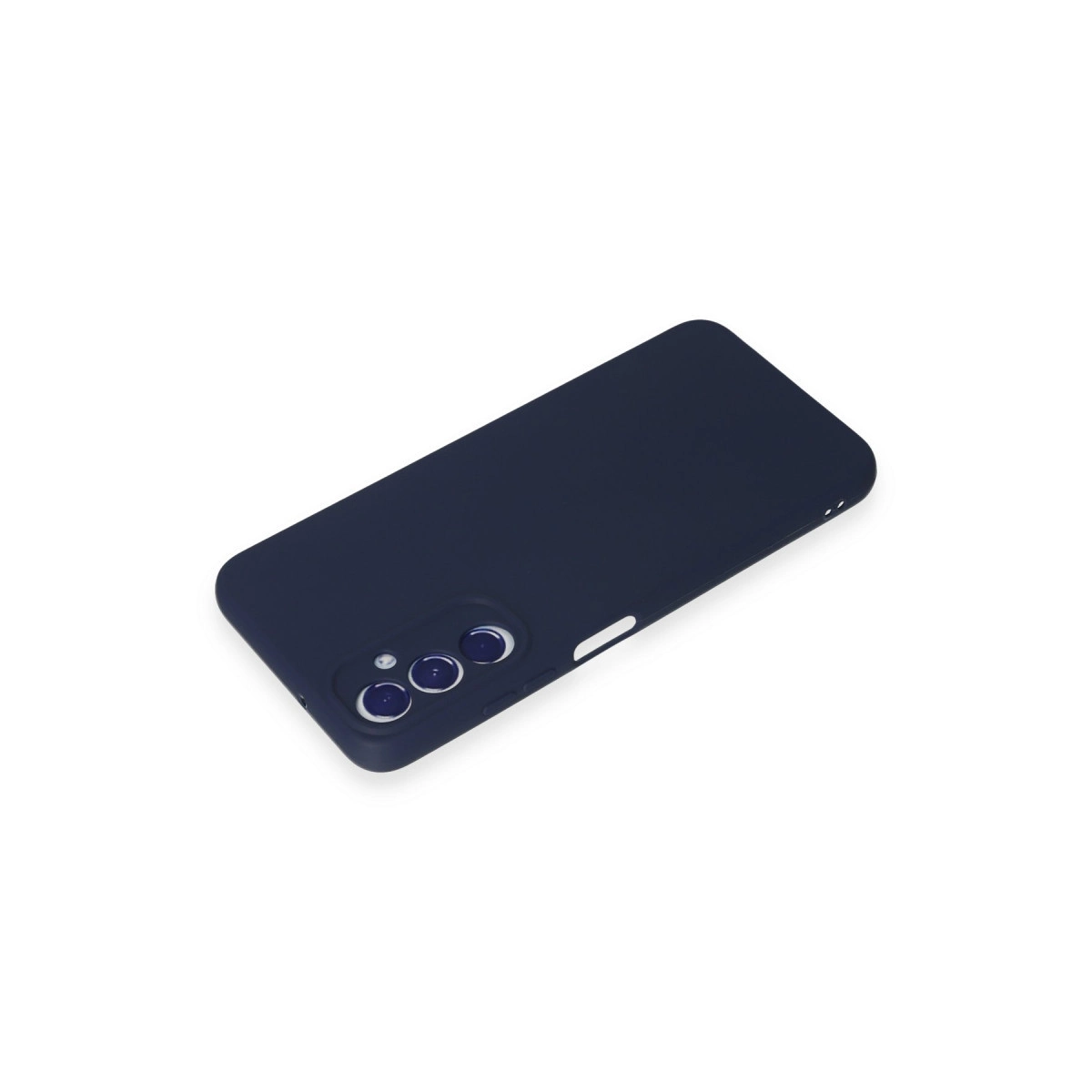 Beyaz arka plan üzerinde üç kamera lens açıklığına sahip lacivert telefon kılıfı.