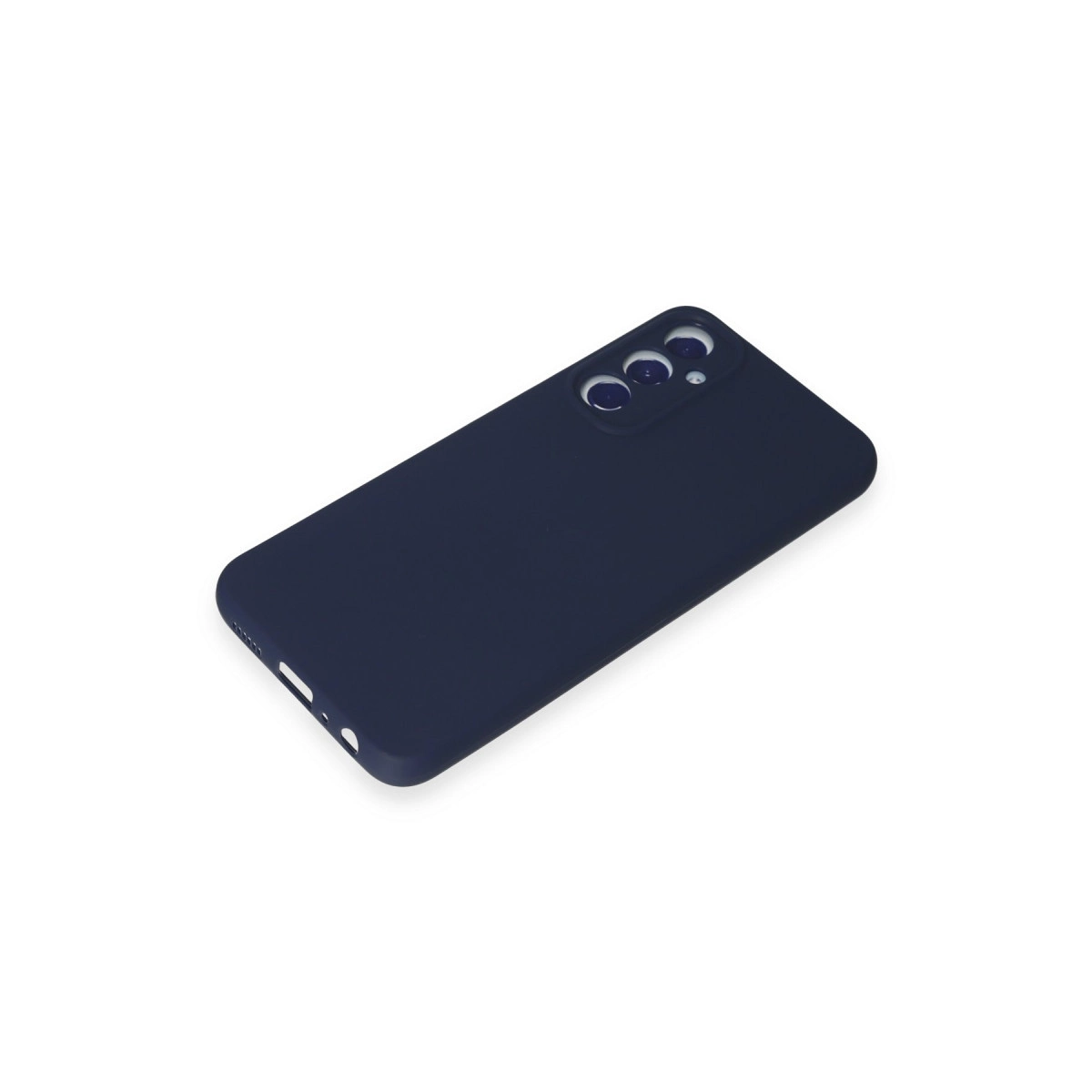 Arkada üç kamera lensi bulunan lacivert telefon kılıfı, beyaz zeminde.