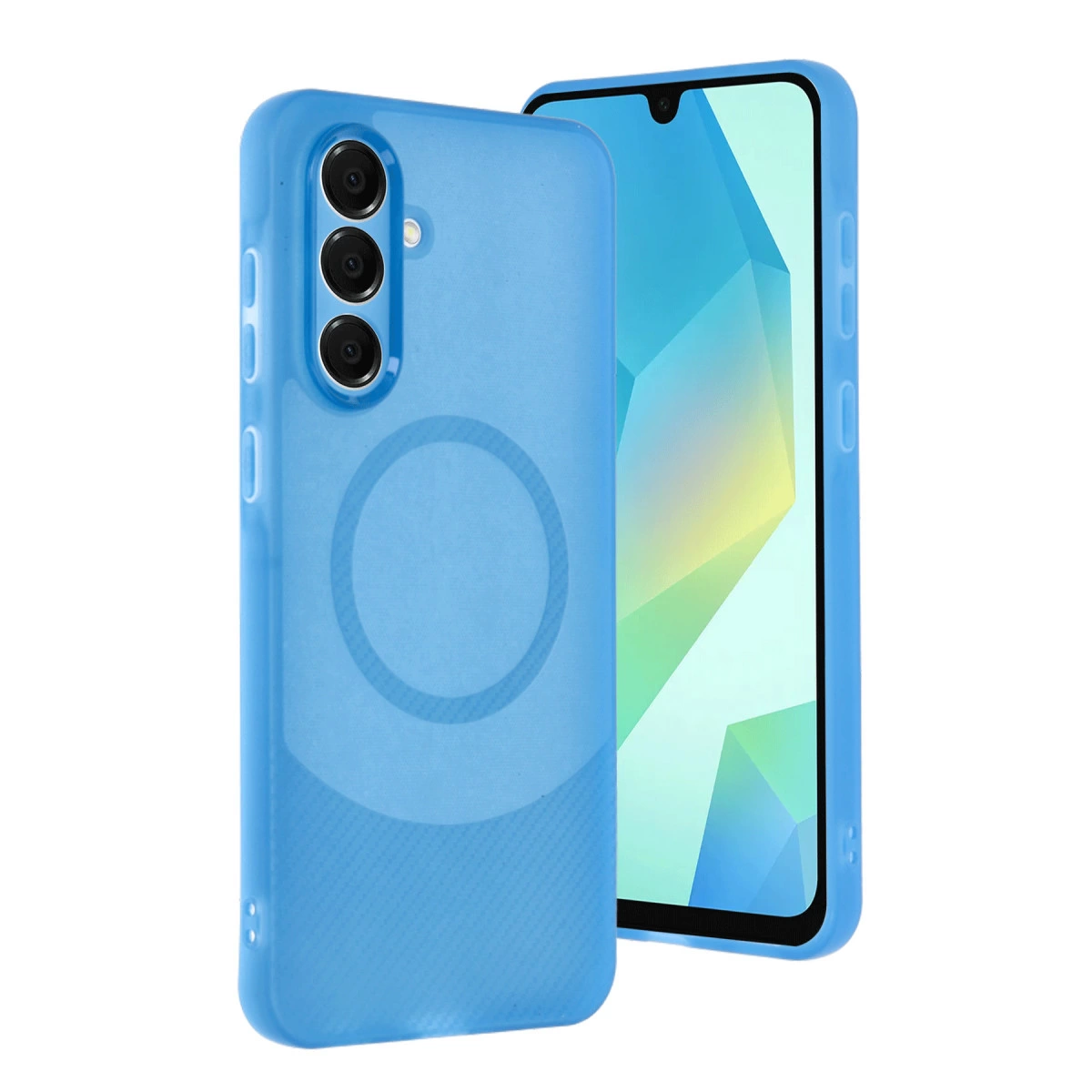 İki mavi telefon kılıfı. Biri kameraları, diğeri ekranı gösteriyor.