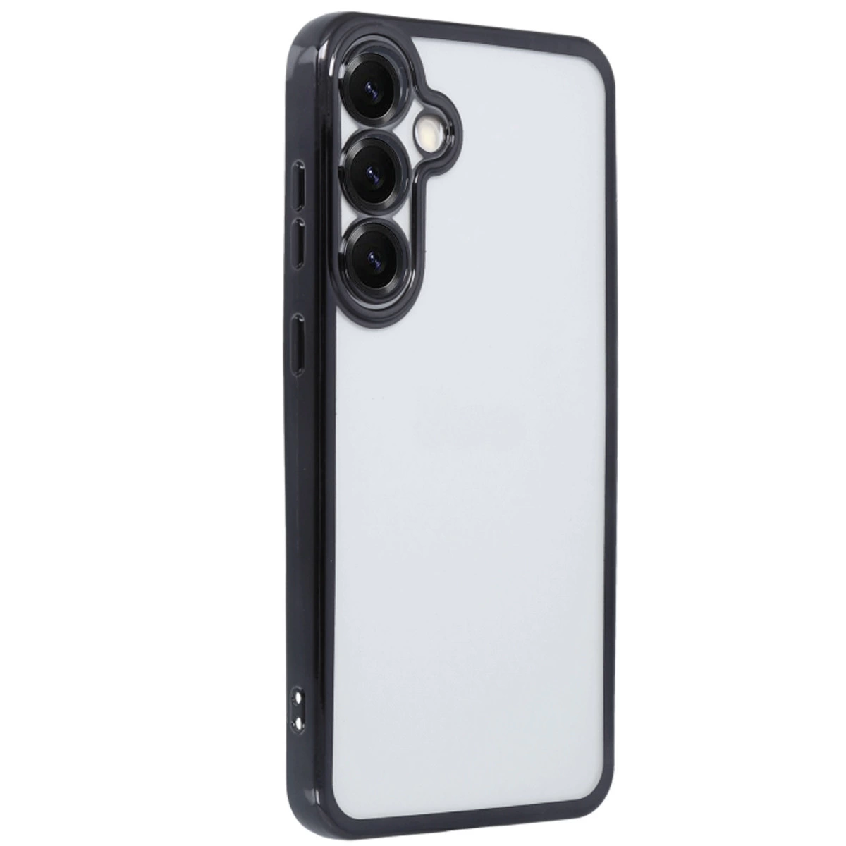 Siyah kenarlı, üç kamera lensli şeffaf telefon kılıfı.