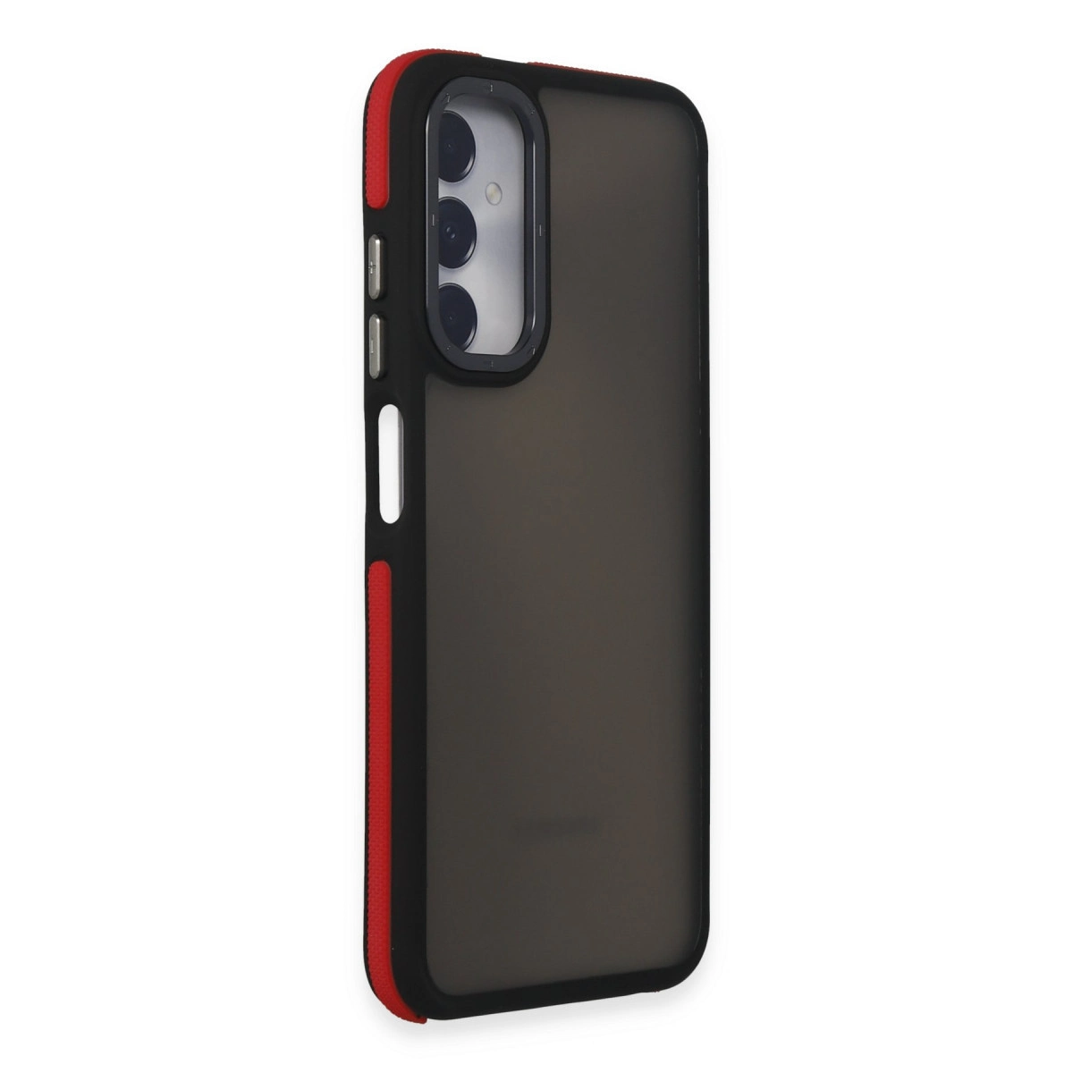 Kırmızı vurgulu, görünür kamera modülüne sahip siyah telefon kılıfı.