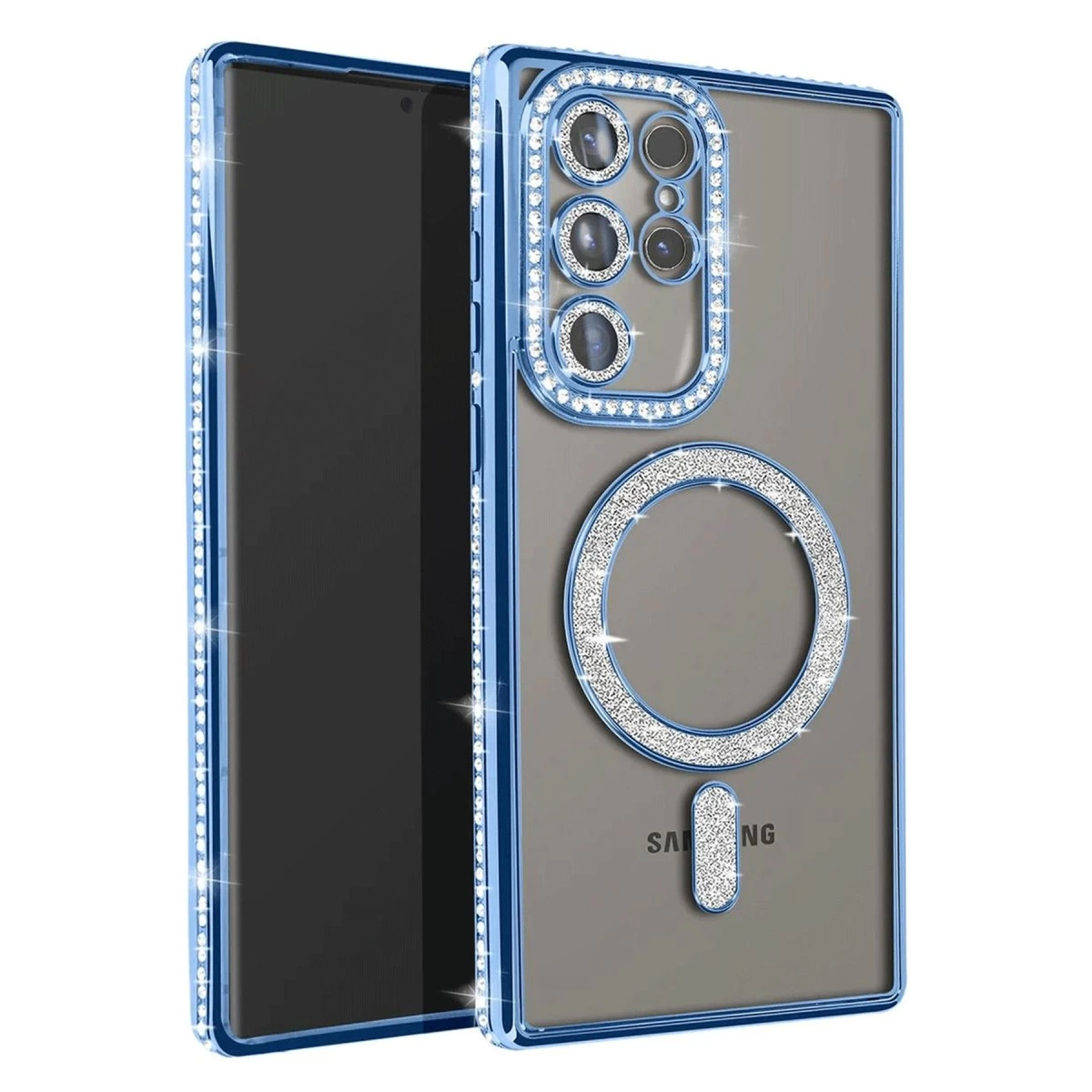 Sim ve elmas detaylı mavi telefon kılıfı, kamera ve halka tutucu.