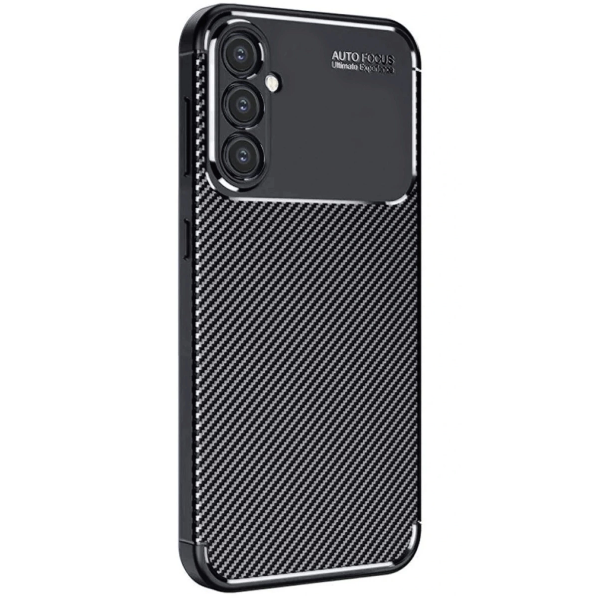Karbon desenli, üçlü kamera kesimli siyah telefon kılıfı.