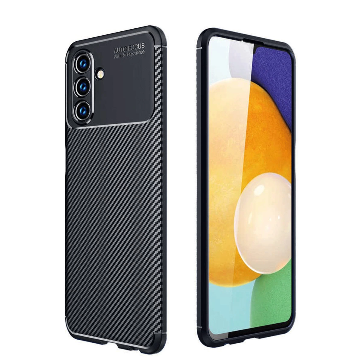 Karbon fiber dokulu siyah telefon kılıfının arka ve ön görünümü.