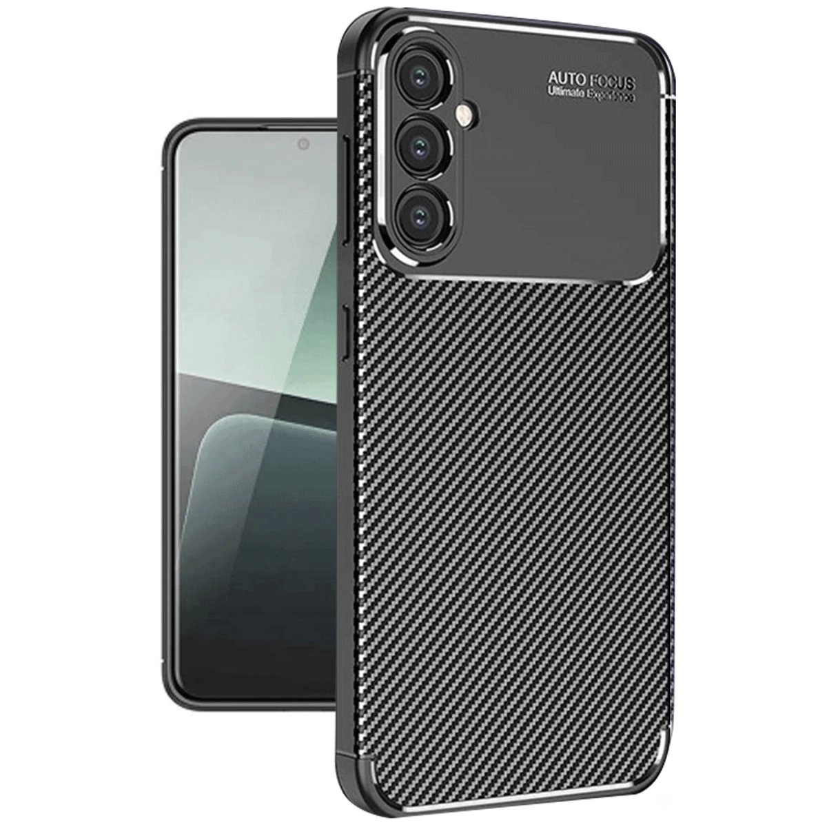 Karbon fiber desenli siyah telefon kılıfı, beyaz arka plan üzerinde.