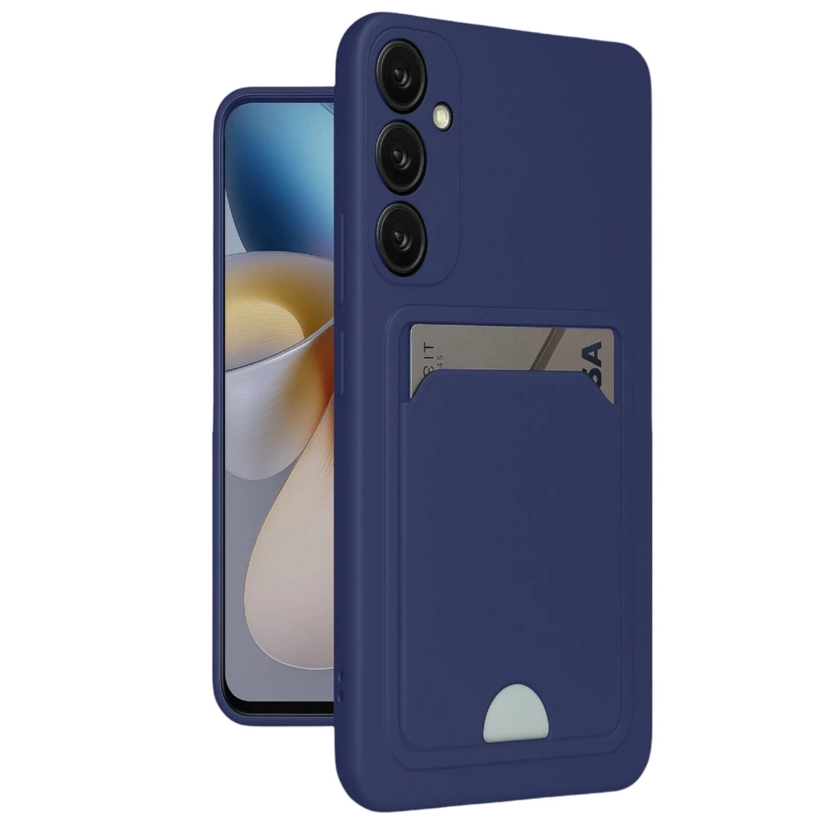 Üç kamera gösteren, kart yuvalı lacivert telefon kılıfı.