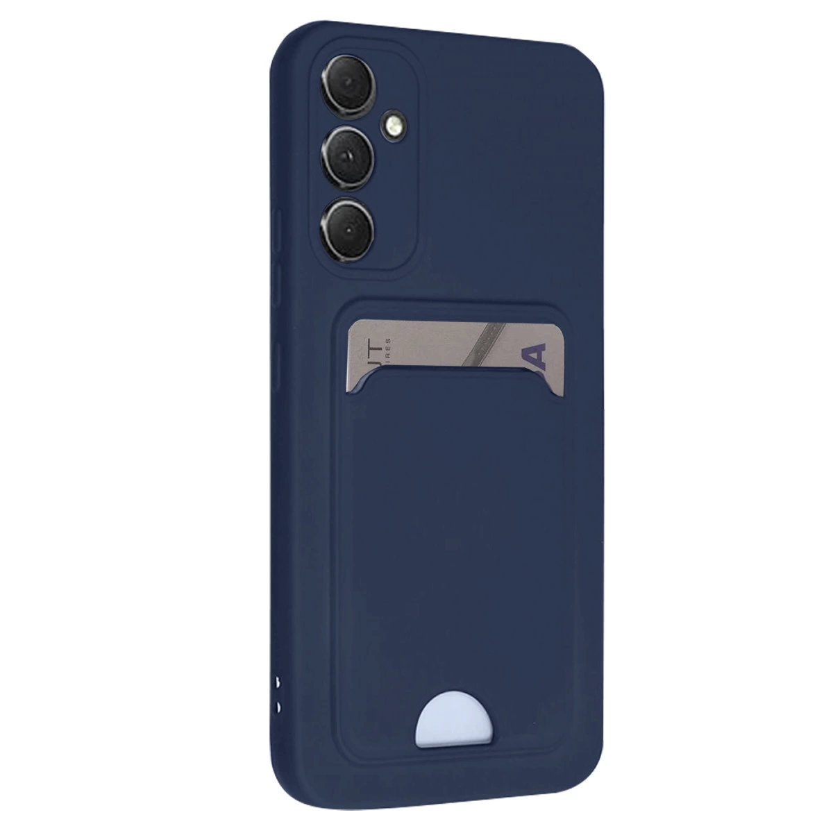 Kart yuvalı ve üç kamera lensli lacivert telefon kılıfı.