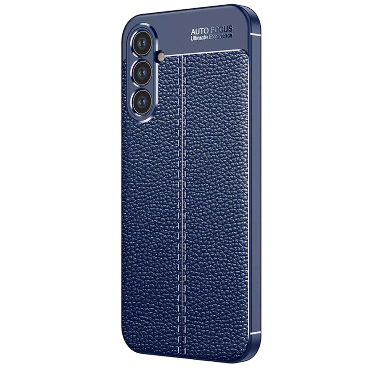Üç kameralı, lacivert deri dokulu telefon kılıfı.