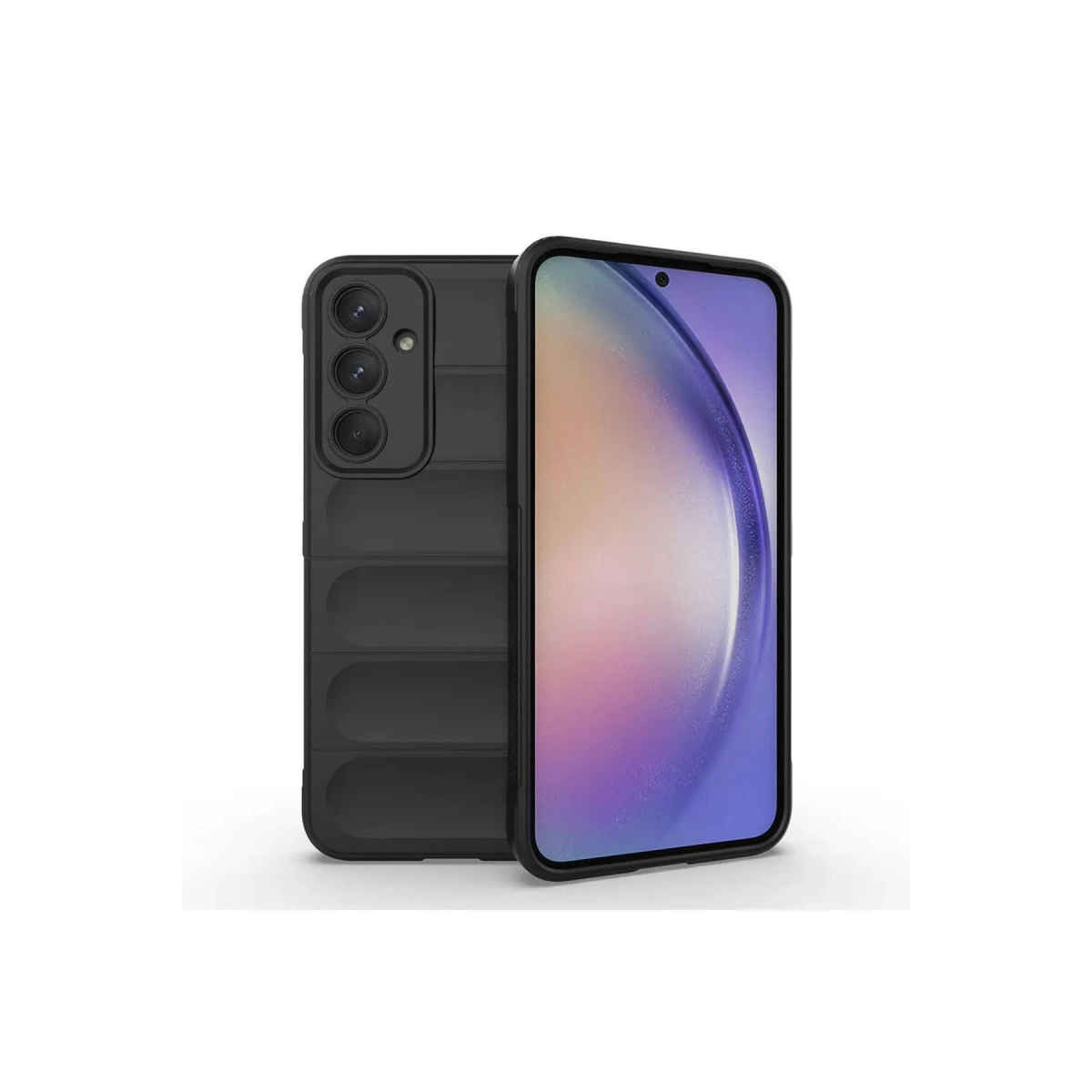 Dikey kameralı ve oluklu arka yüzlü siyah telefon. Ekranı açıktır.