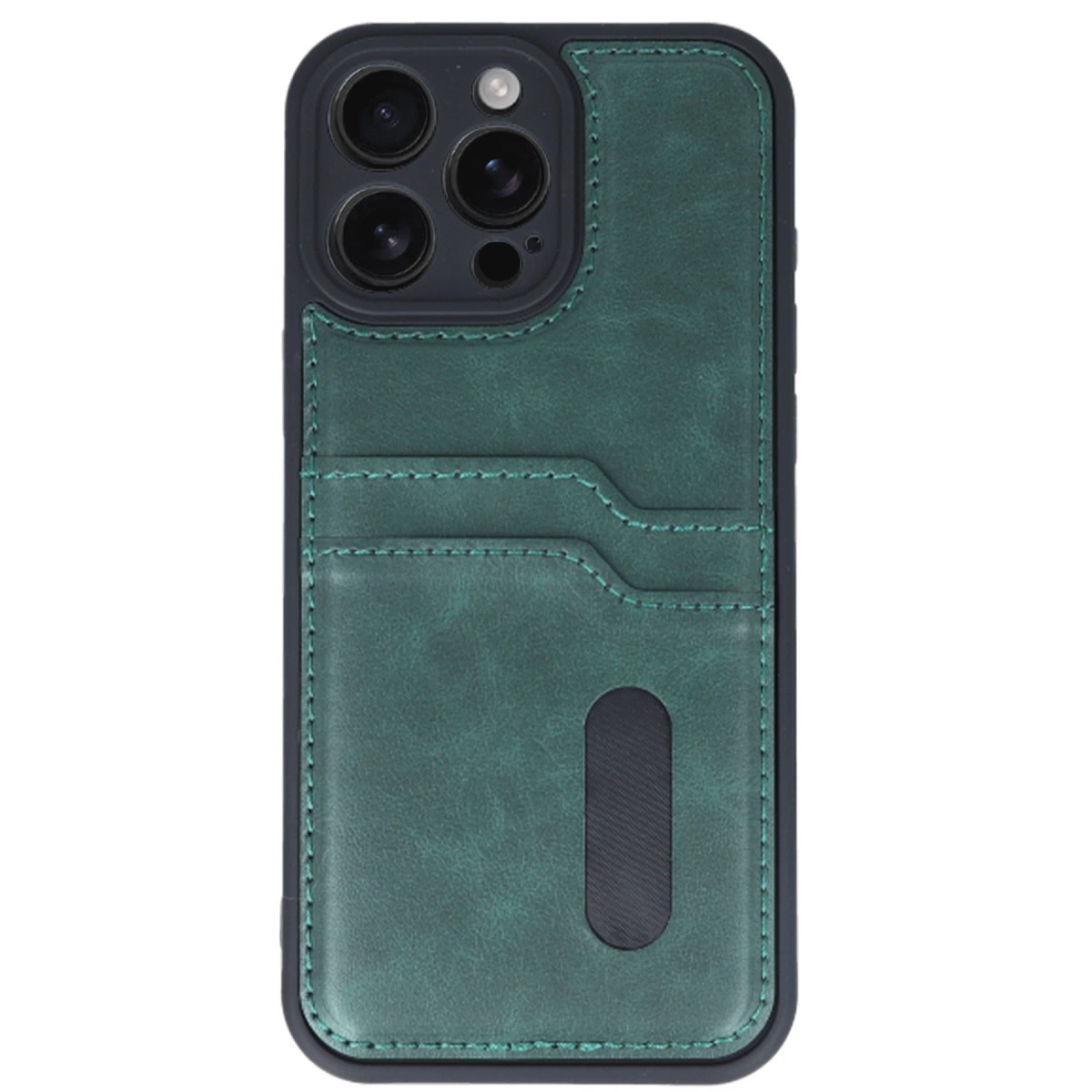 Kamera kesimli, kart yuvalı yeşil telefon kılıfı.