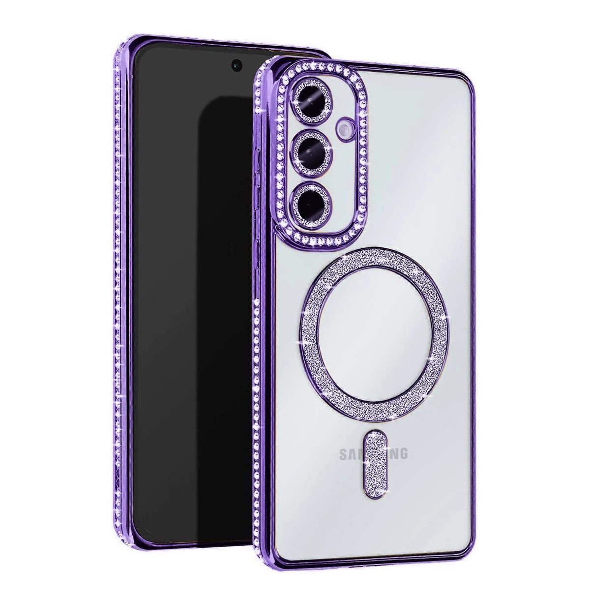 Taşlı kenarlı mor telefon kılıfı, kamera oyuğu ve manyetik halka.
