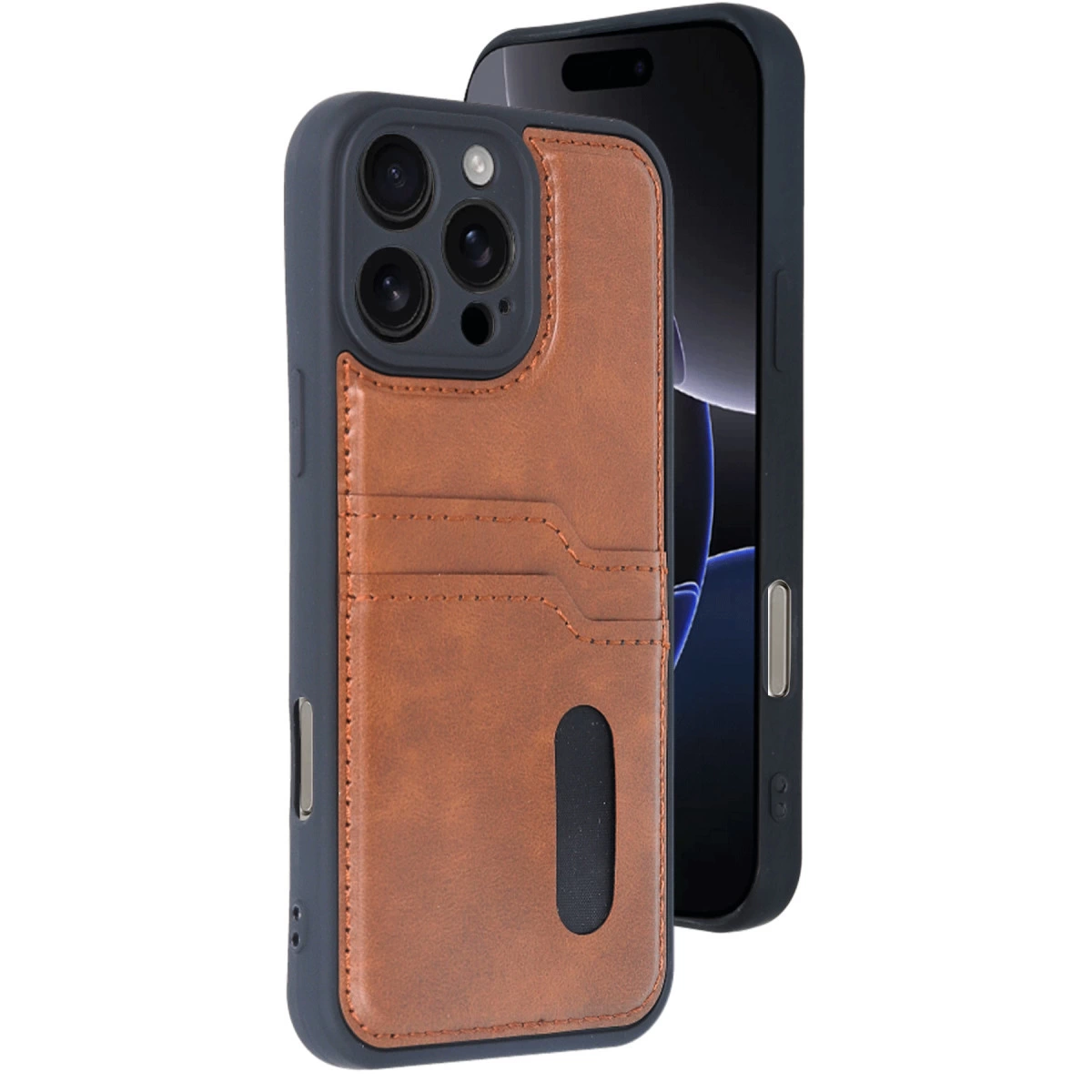 NEWFACE iPhone 16 Pro Max Uyumlu Sara Kartvizitli Deri Telefon Kılıfı Taba