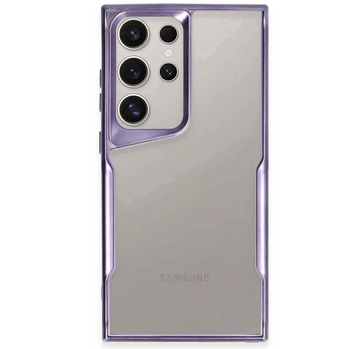 Arkada dört kamerası olan mor bir Samsung telefon.