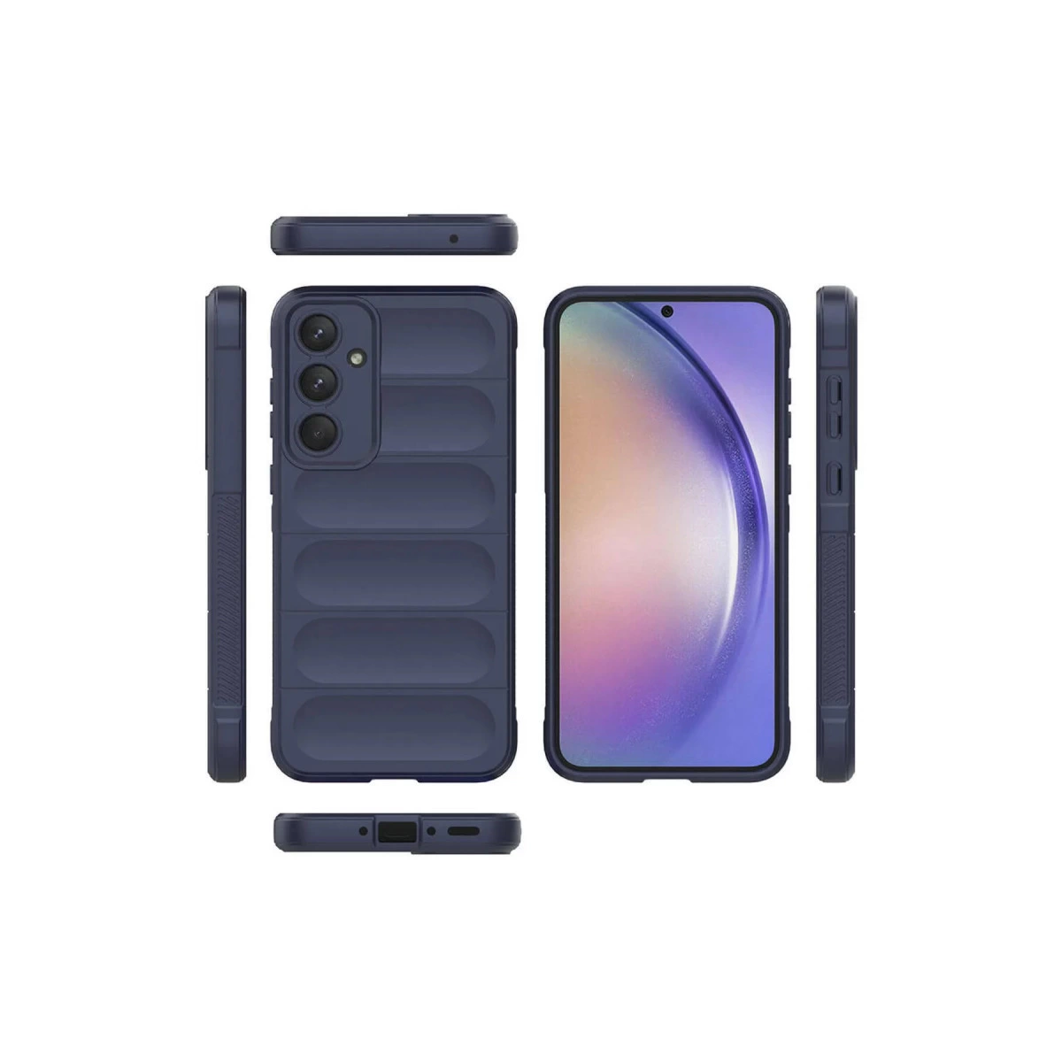 Yatay çıkıntılı ve kamera lensli lacivert telefon kılıfı.