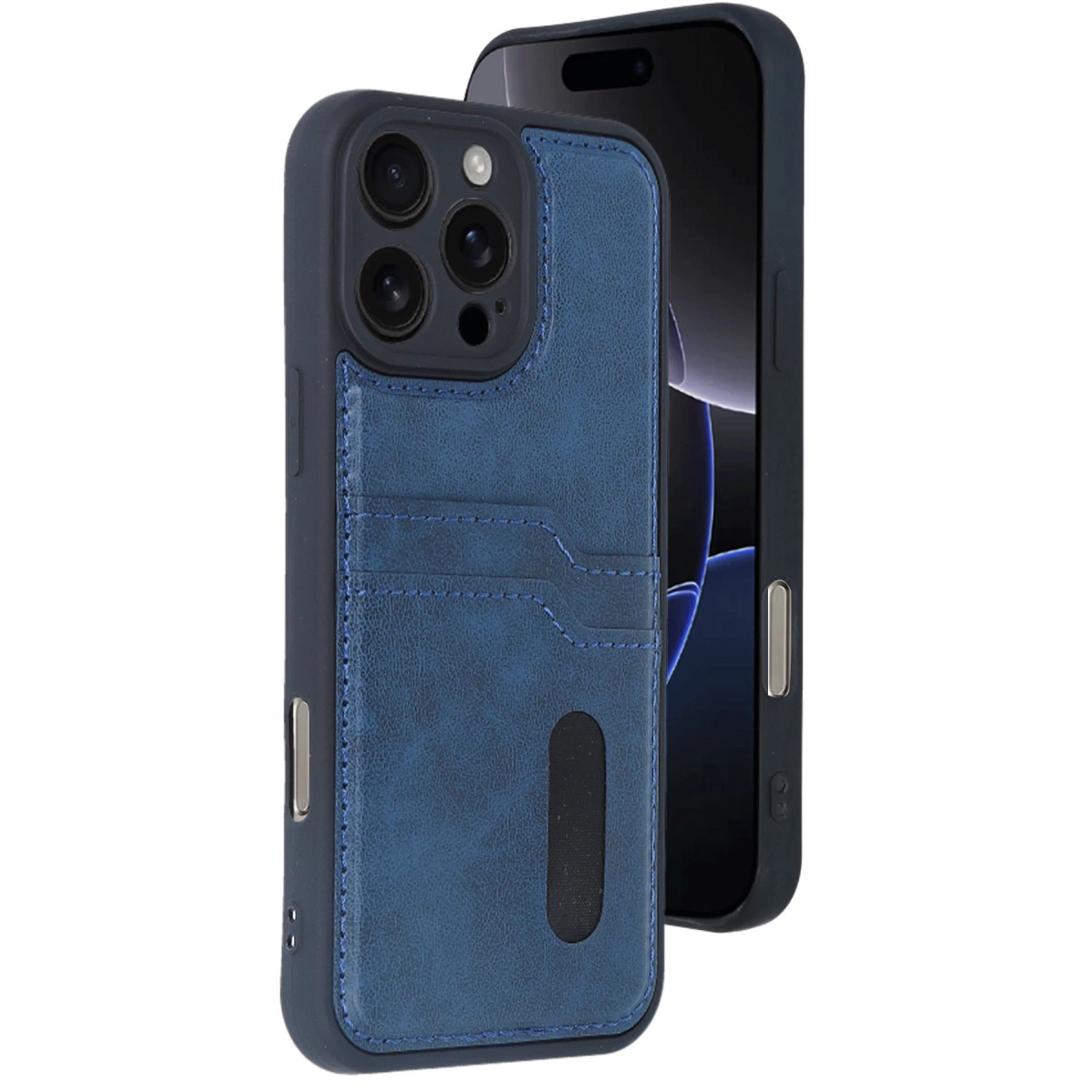 NEWFACE iPhone 16 Pro Max Uyumlu Sara Kartvizitli Deri Telefon Kılıfı Lacivert
