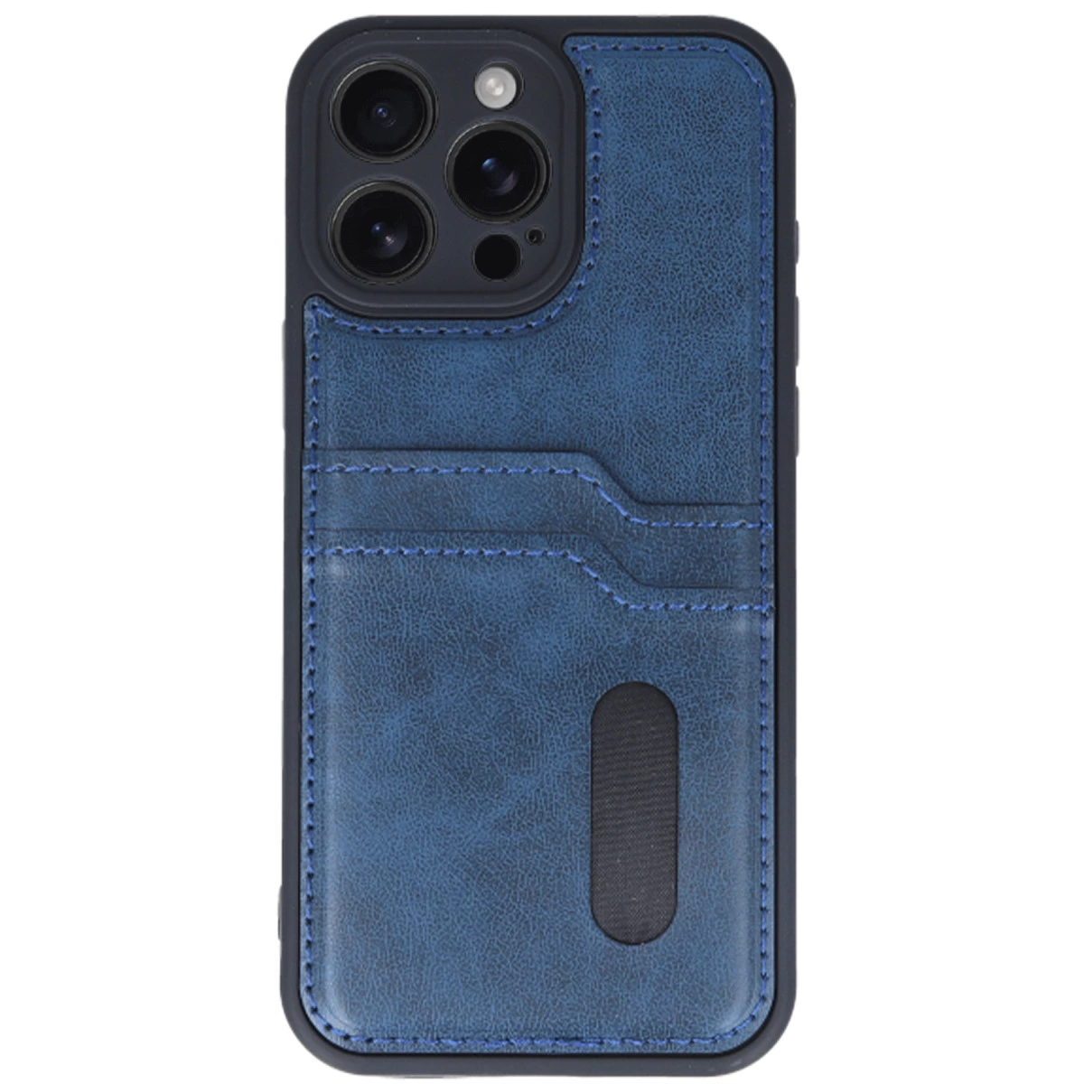 Kart yuvalı ve kamera modüllü mavi telefon kılıfı.