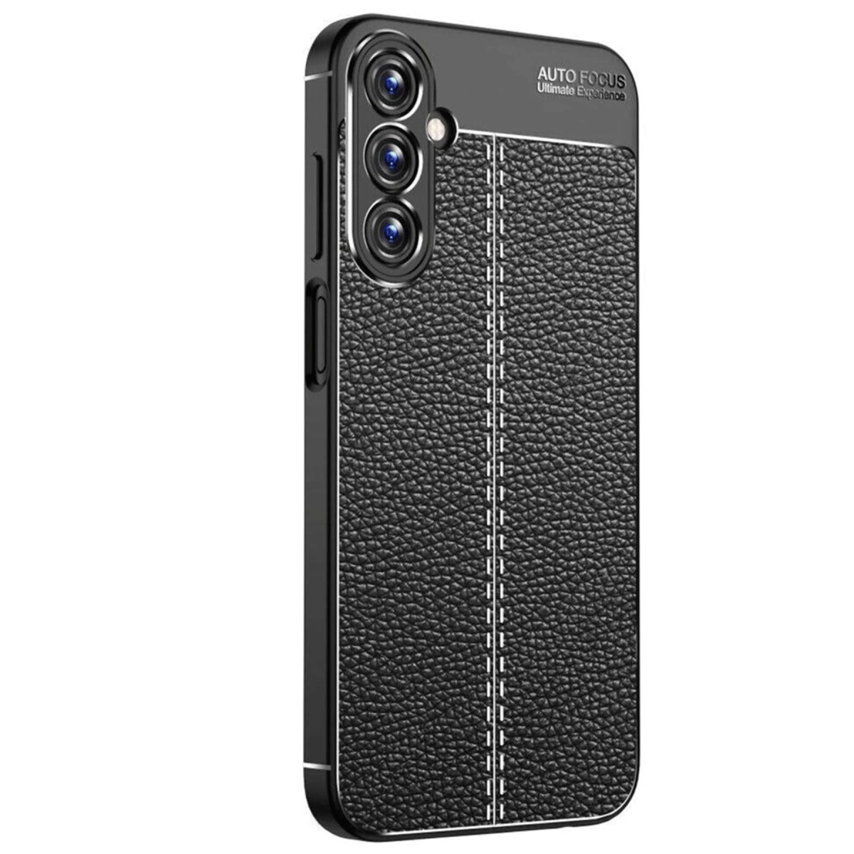 Deri dokulu, dikişli siyah telefon kılıfı, üstte kamera yuvası.