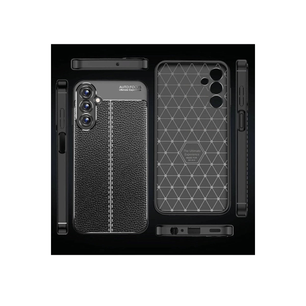 Deri dokulu siyah telefon kılıfı, geometrik desenli arka yüz.