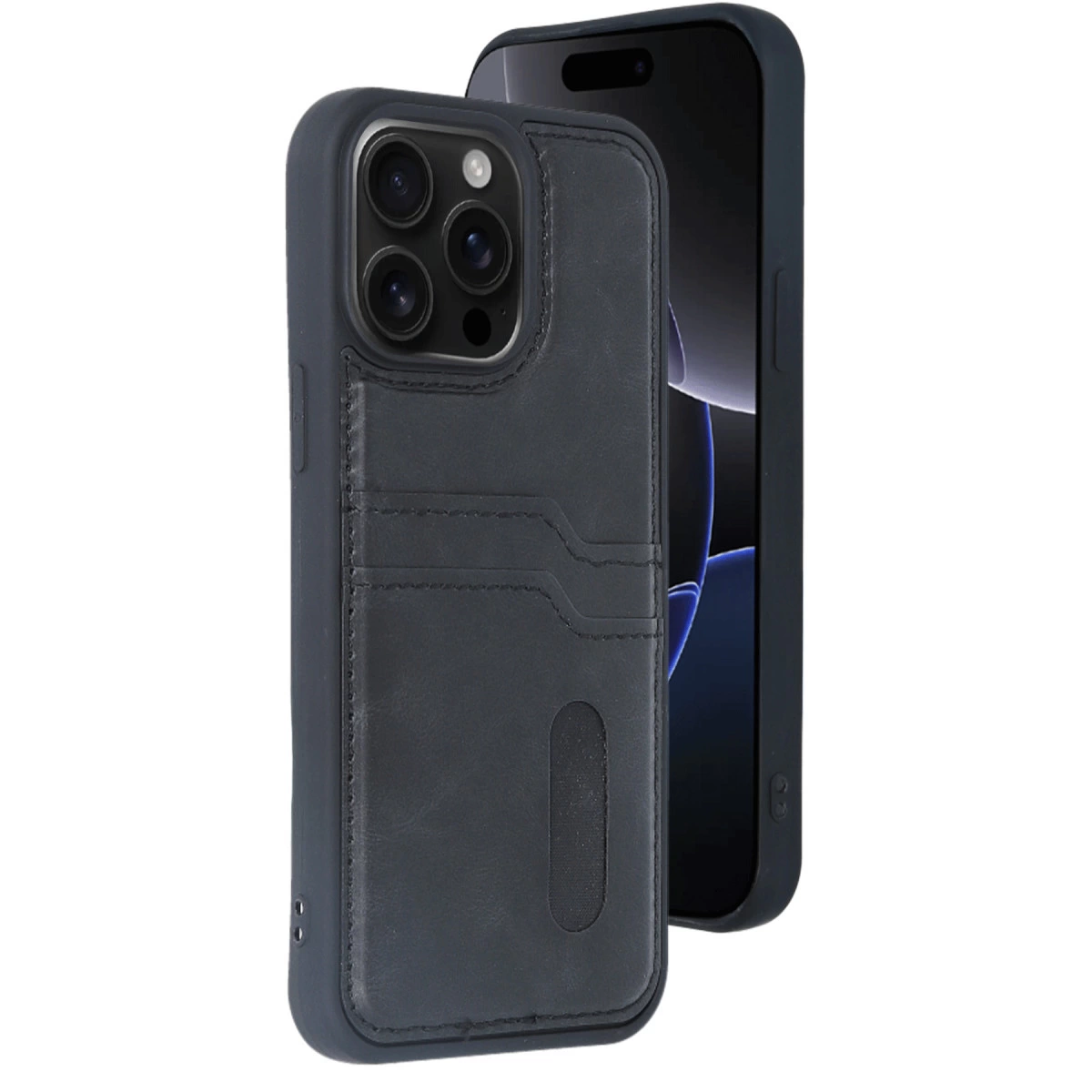 Koyu gri iPhone kılıfı kart yuvaları ve arkada telefon ile.