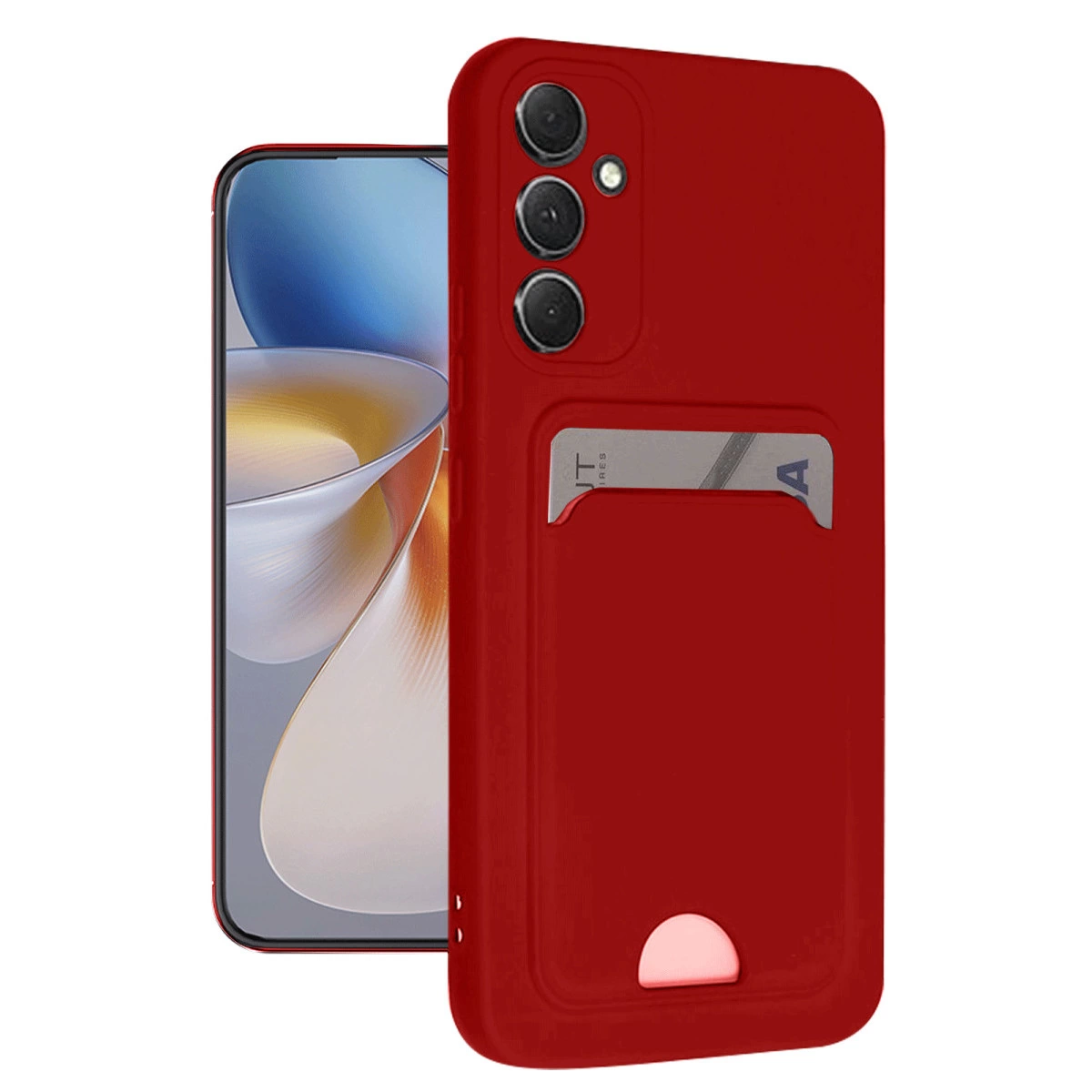 Kart yuvalı ve üç kamera lensli kırmızı telefon kılıfı.