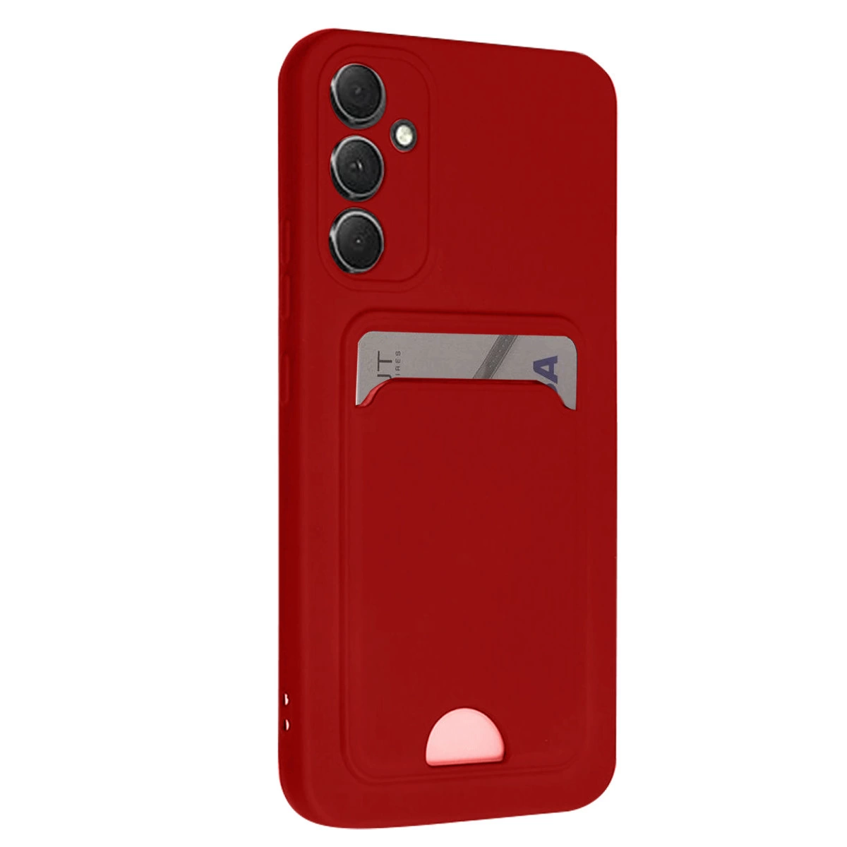 Kart yuvalı ve üç kamera lensli kırmızı telefon kılıfı.