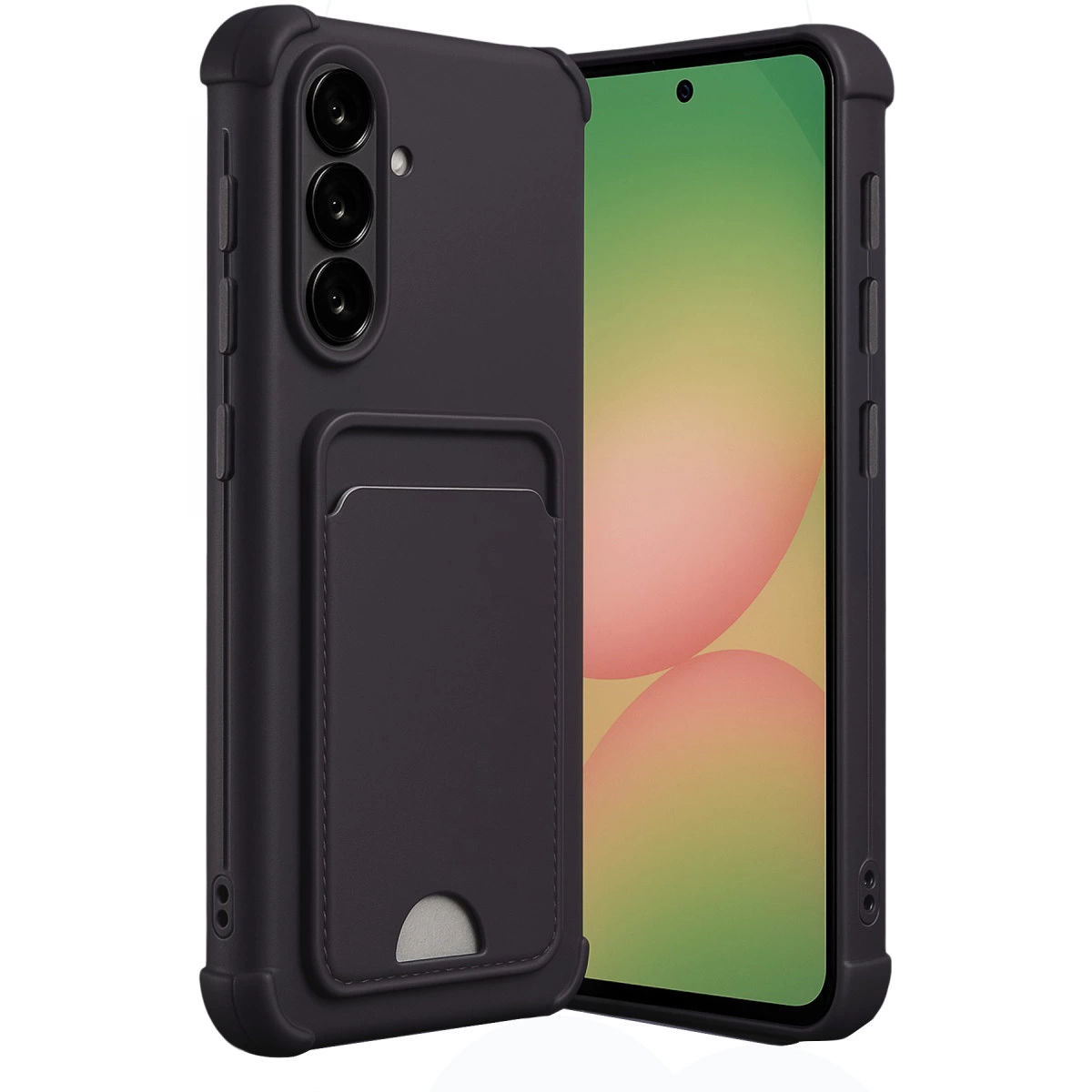 Kart bölmeli, üçlü kameralı koyu gri telefon, beyaz arka plan.