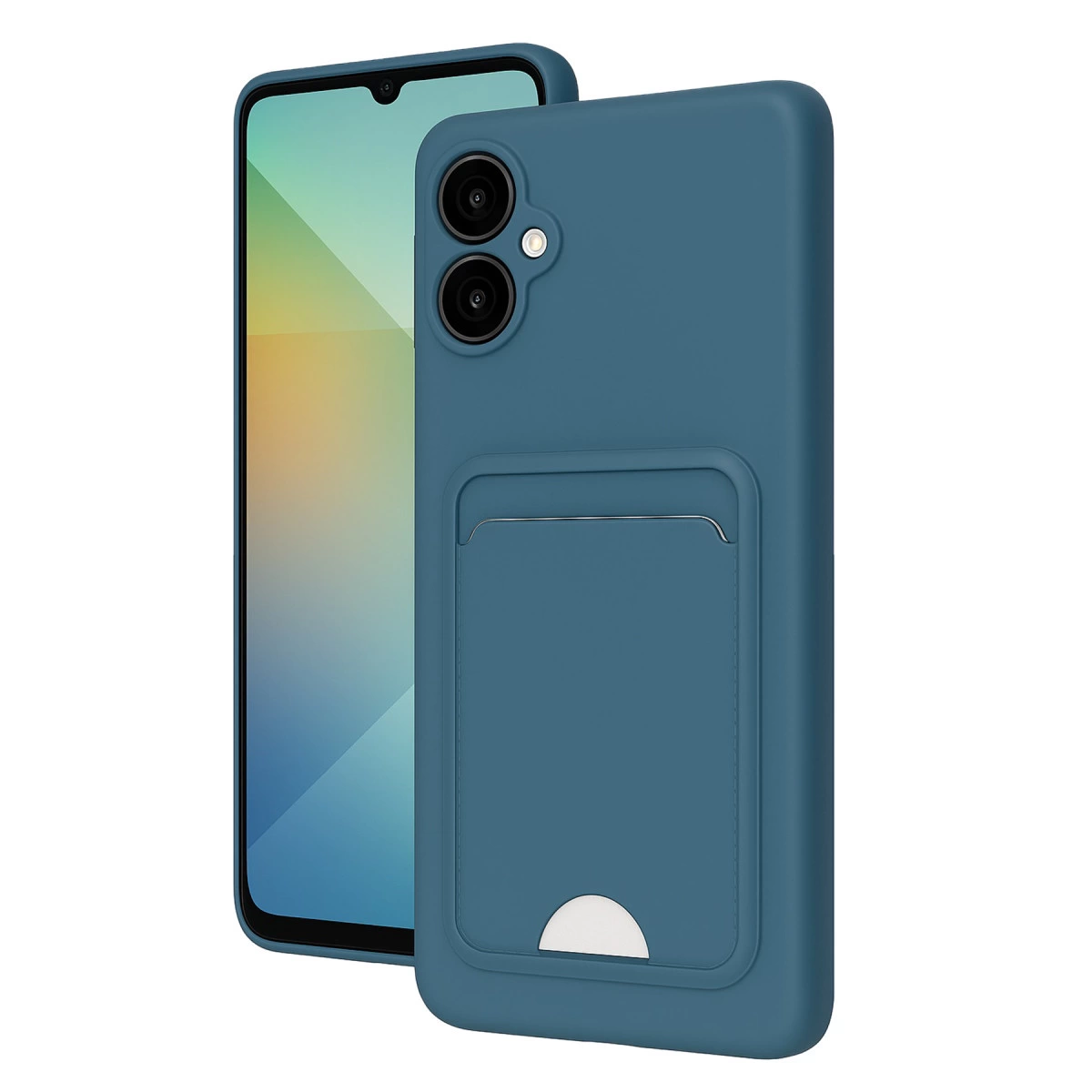 Kart tutuculu ve çift kameralı mavi telefon kılıfı, telefonun yanında.