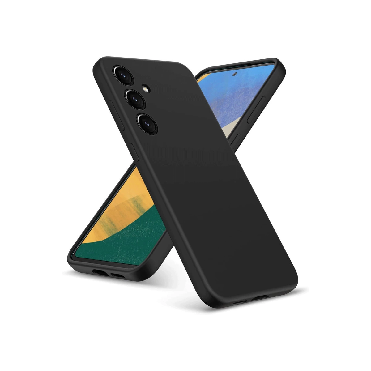 Beyaz arka plan üzerinde üst üste çapraz duran iki siyah telefon kılıfı.