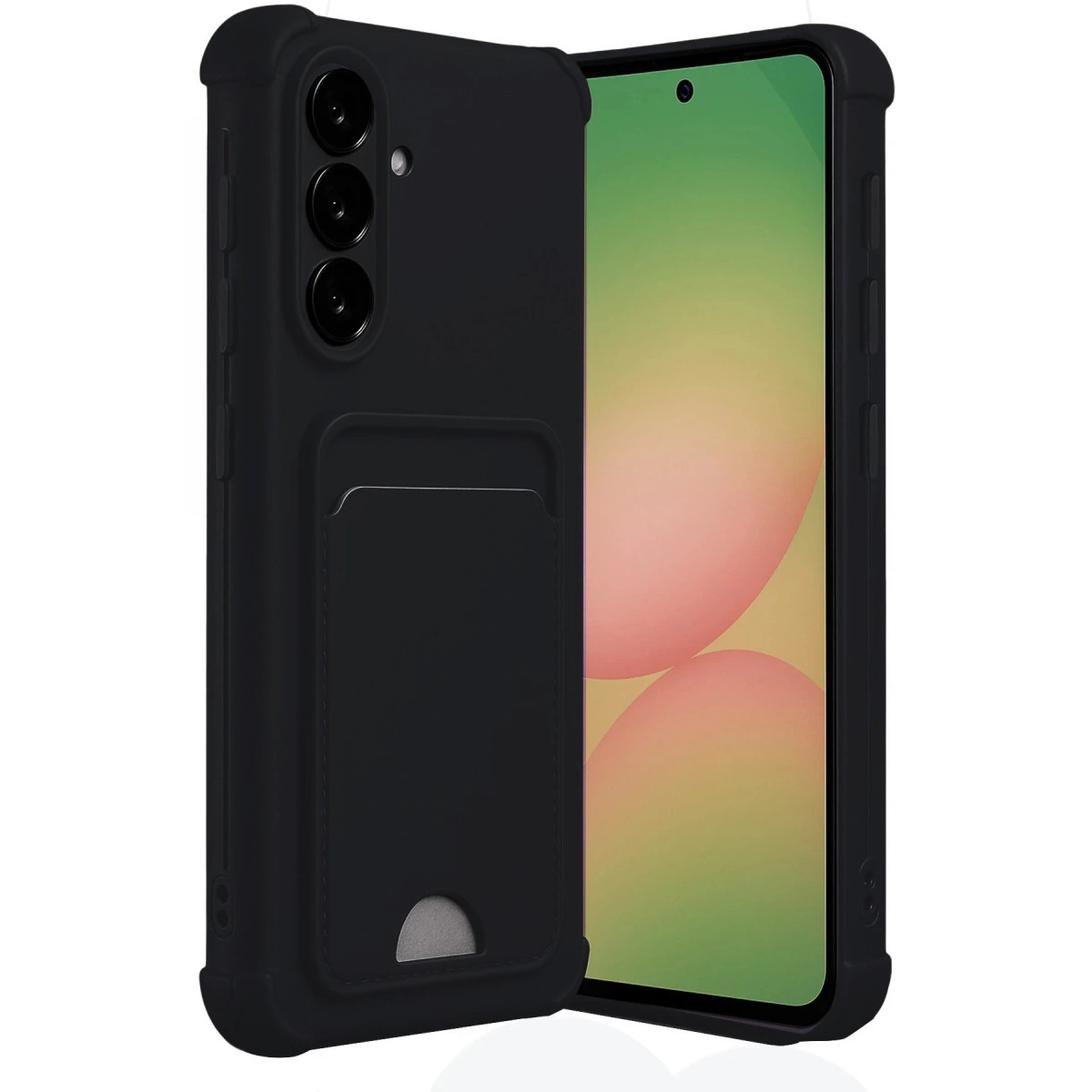 Beyaz arka plan üzerinde kart tutuculu ve üç kameralı siyah telefon.