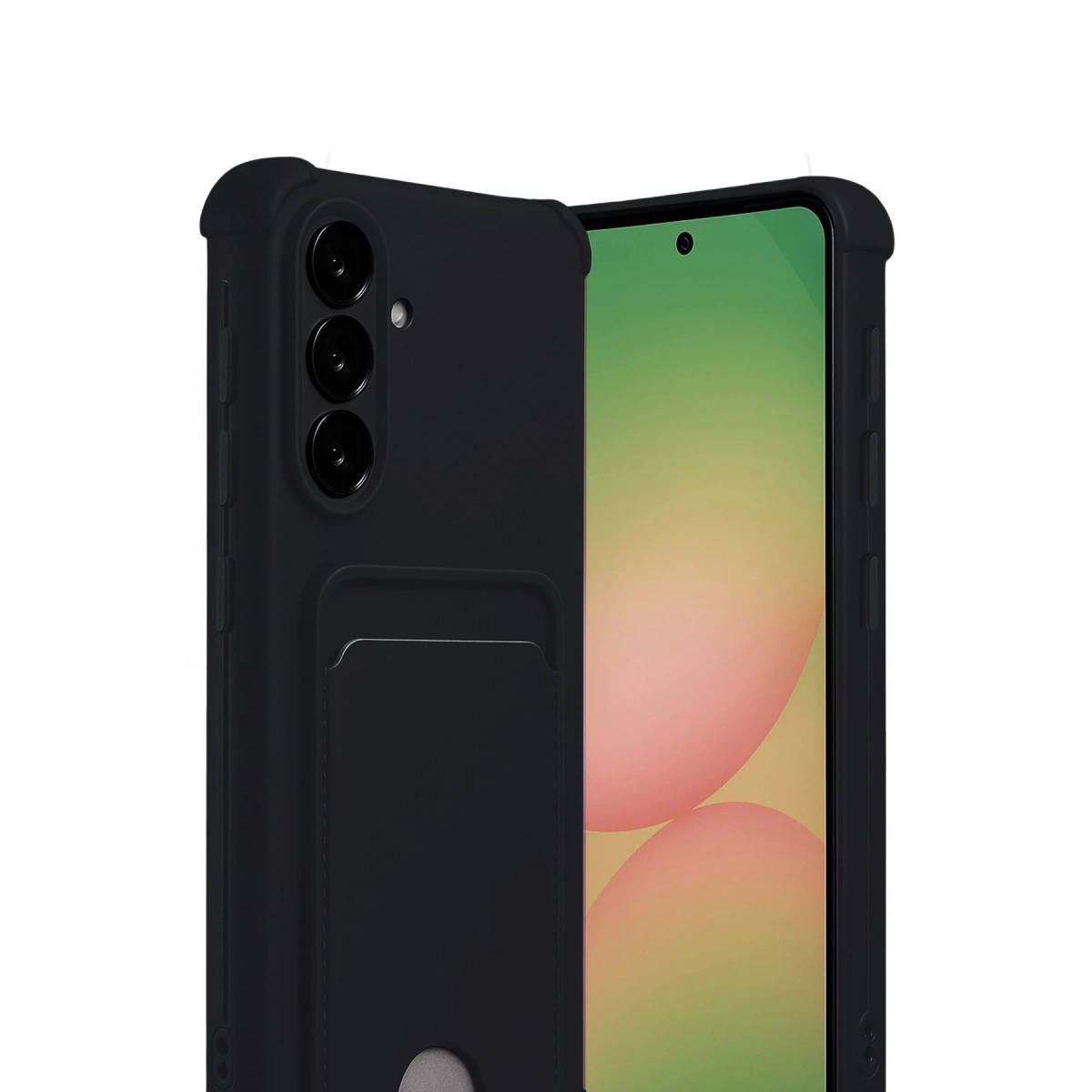 Üç kameralı ve kart yuvalı siyah telefon kılıfı. Parlak arka plan.