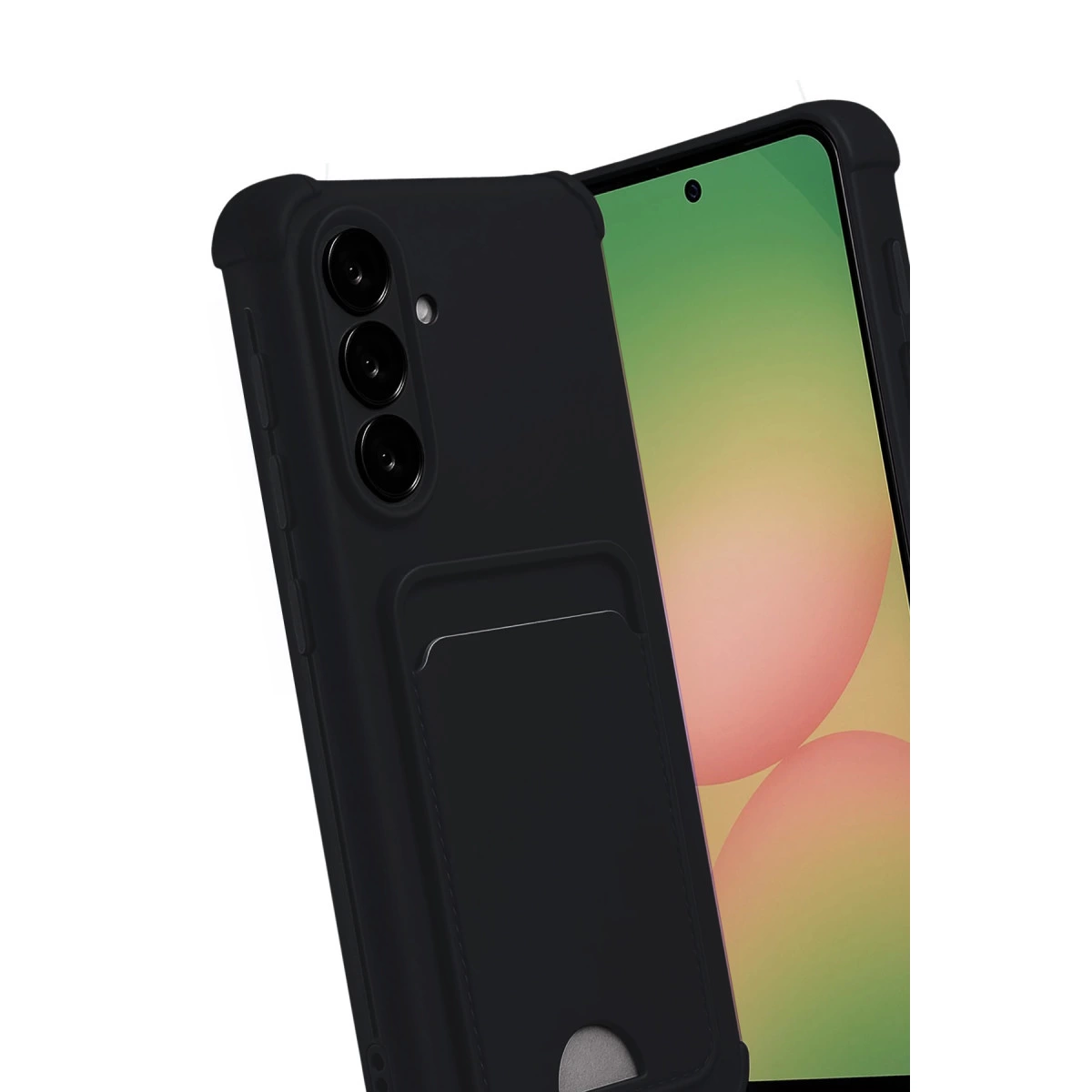 Arkada kart yuvası ve üç kamerası olan siyah telefon kılıfı. Ekranı görünür.