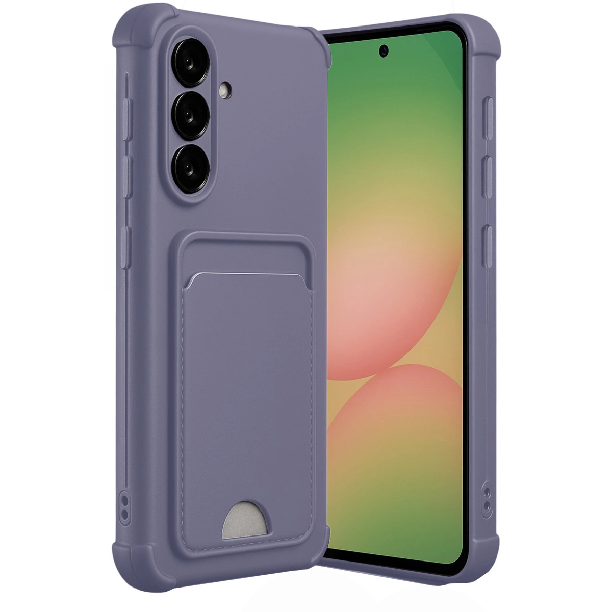 Kamera modülü ve kart yuvalı mor telefon kılıfı beyaz arka plan üzerinde.